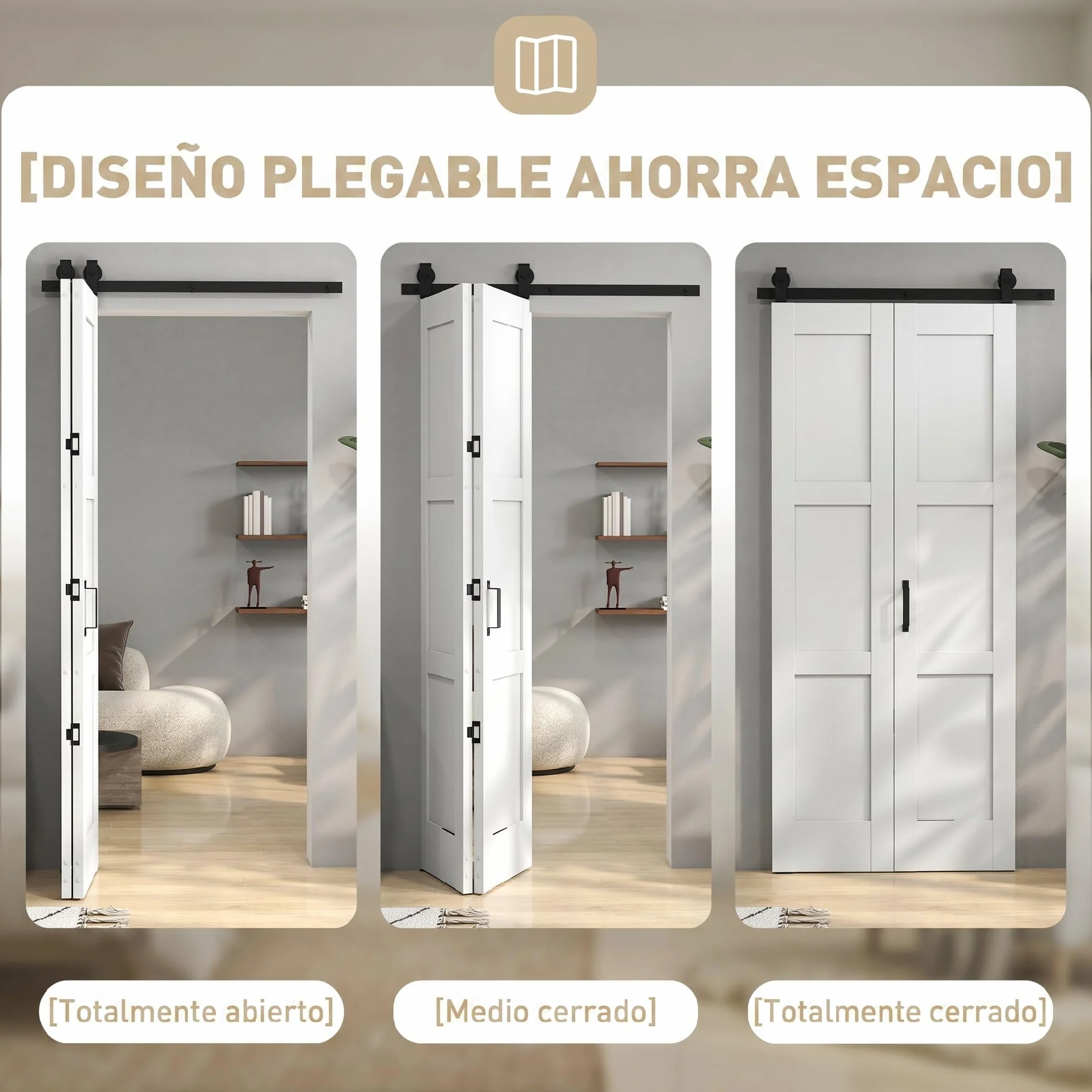 HOMCOM Puerta Corredera Plegable con Herrajes 91,4x213,4 cm, Puerta Corredera Interior con Rodillo, Riel de Acero, Guía de Suelo, Manija, para Baño, Salón, Sala de Estar, Blanco