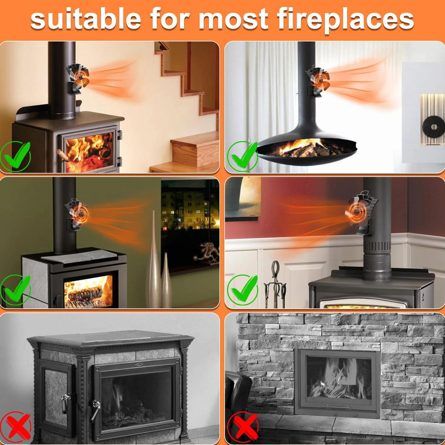 Ventilador de estufa sin electricidad, silencioso, para chimenea y madera (tubo de estufa, tubo de chimenea, 5 hojas)