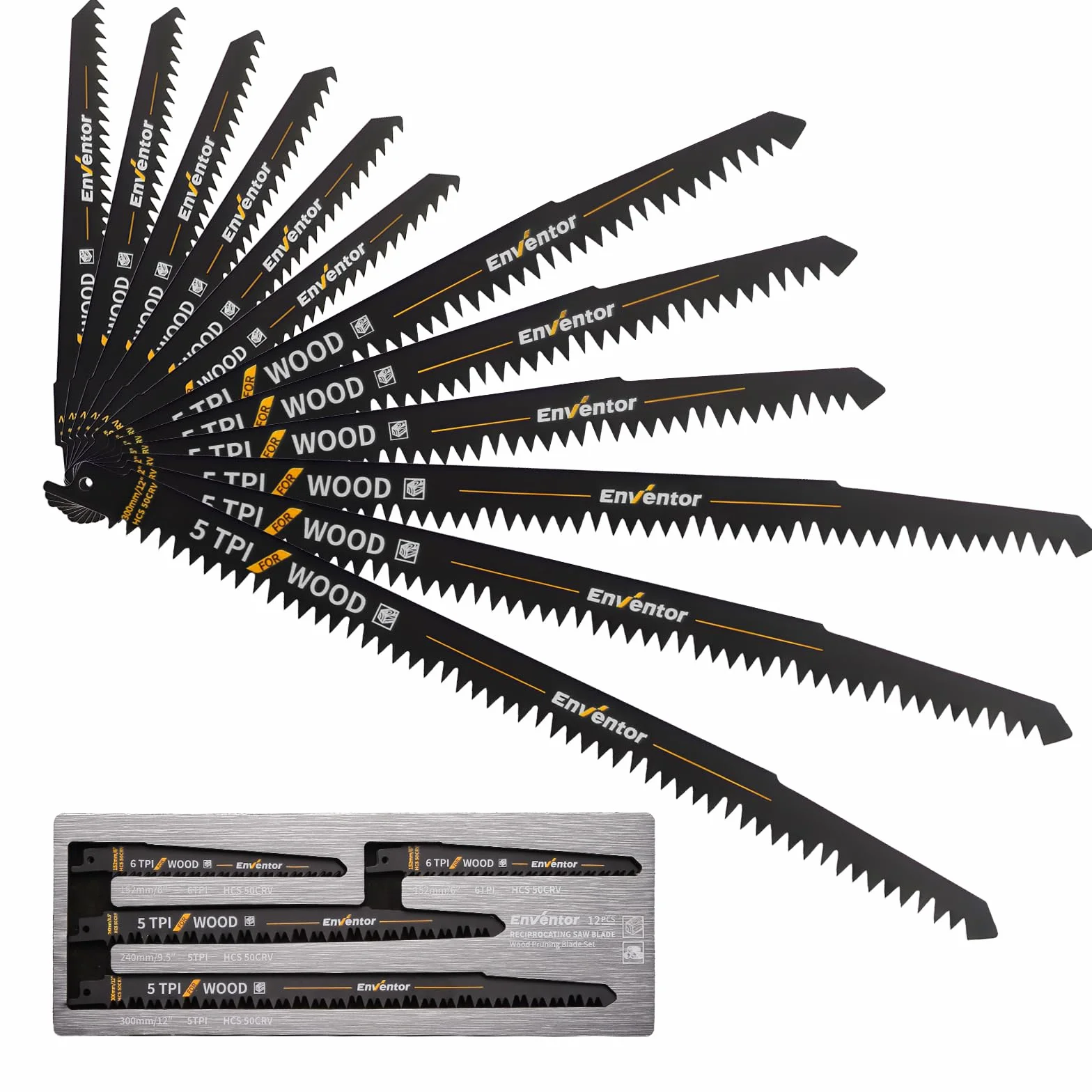 Enventor Set de 12 Piezas para Sierra Sable, Hojas de Corte Madera 152/240/300 mm 5TPI 6TPI HCS, Poda, Ramas, Madera Húmeda, Plástico PVC con Caja