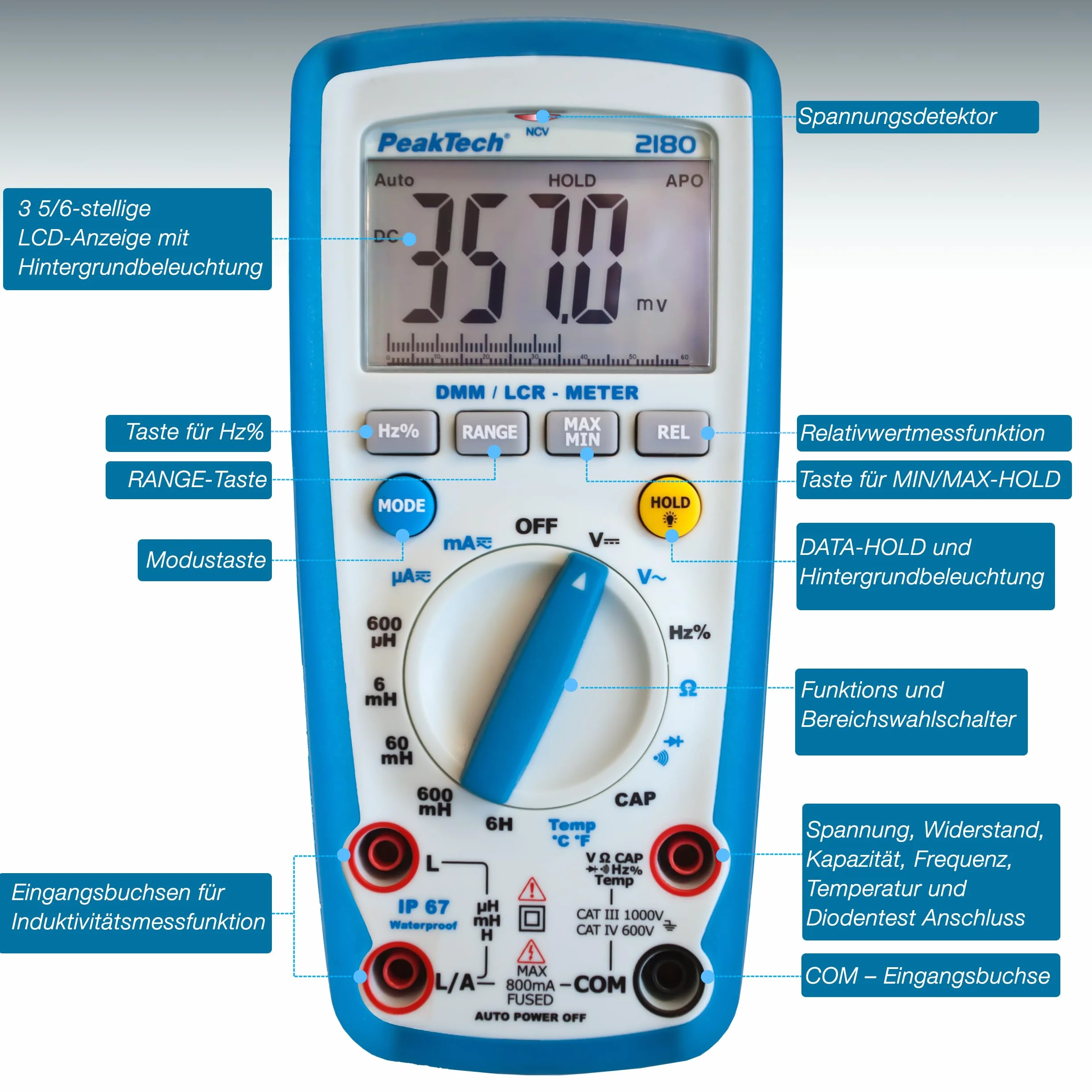PeakTech 2180 – Multímetro digital con medidor LCR, resistencia, capacitancia, inductancia, 6000 cuentas, rango automático, amperímetro, probador de continuidad pantalla LCD iluminada - CAT III 1000