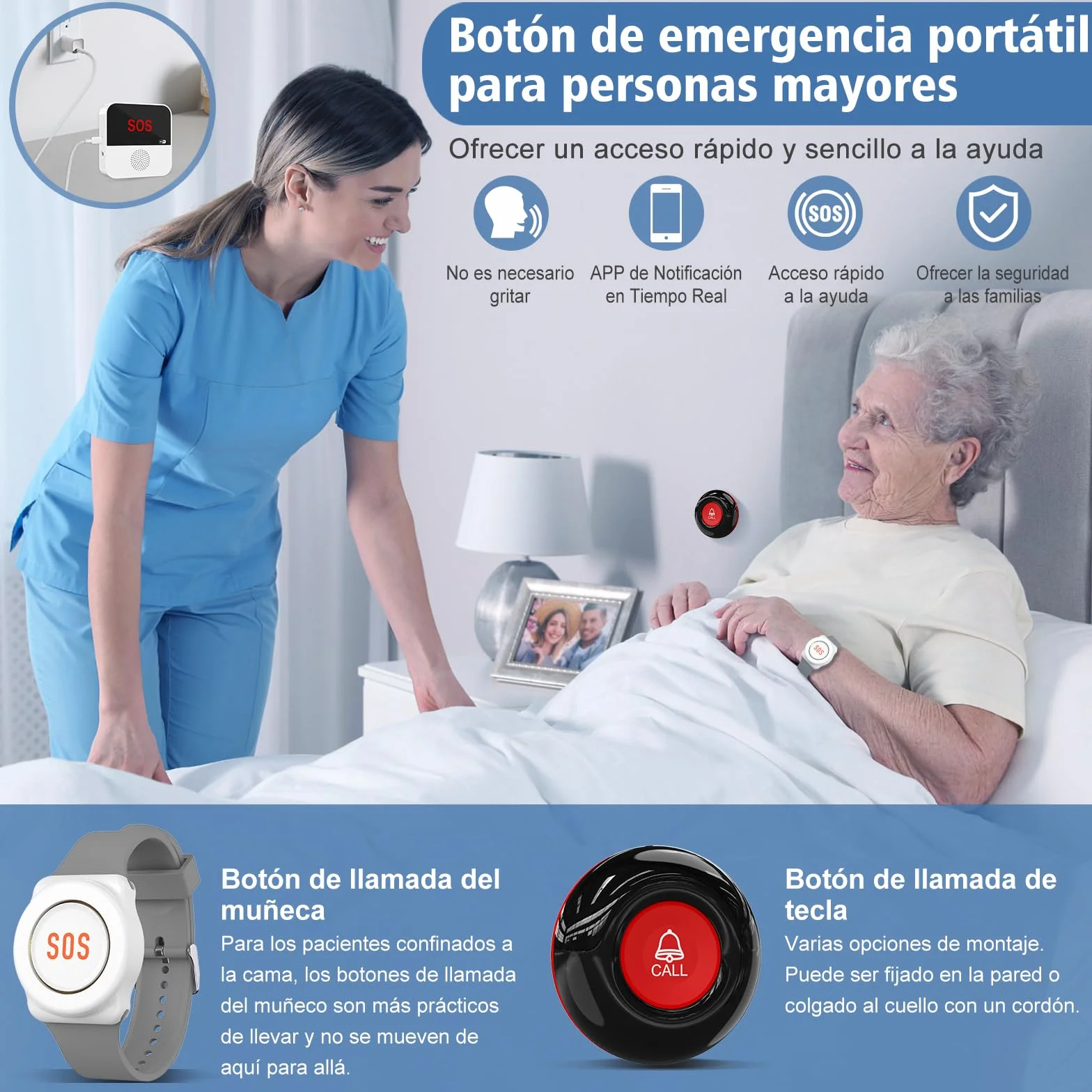 ChunHee Avisador Personas Mayores Botón Emergencia Ancianos Tuya WiFi Smart Senior Sistema de Alerta de Llamada de Emergencia para Pacientes Mayores Discapacitados (Versión enchufable (con reloj 2-1))