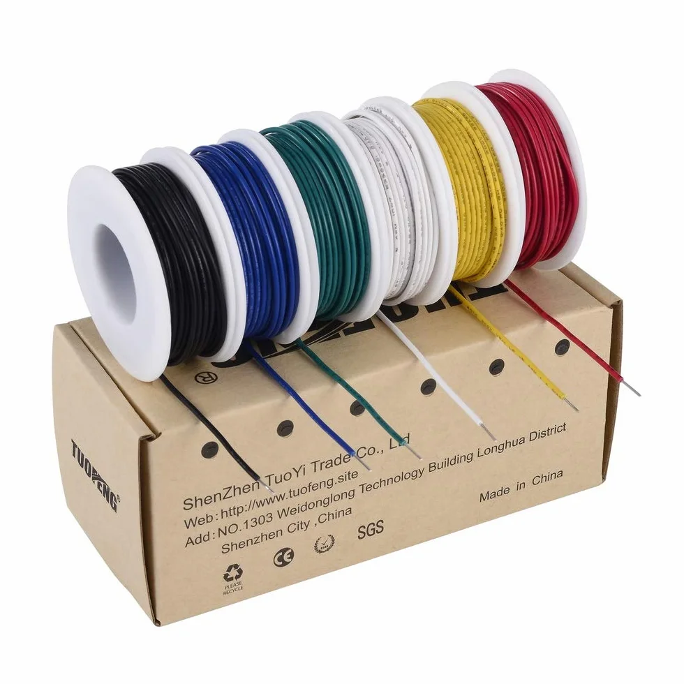 TUOFENG 22 awg Cable sólido, Juego de cable sólido （6 carretes de 9 metros de diferentes colores） Puente de cable de puente de calibre 22 Cable de conexión