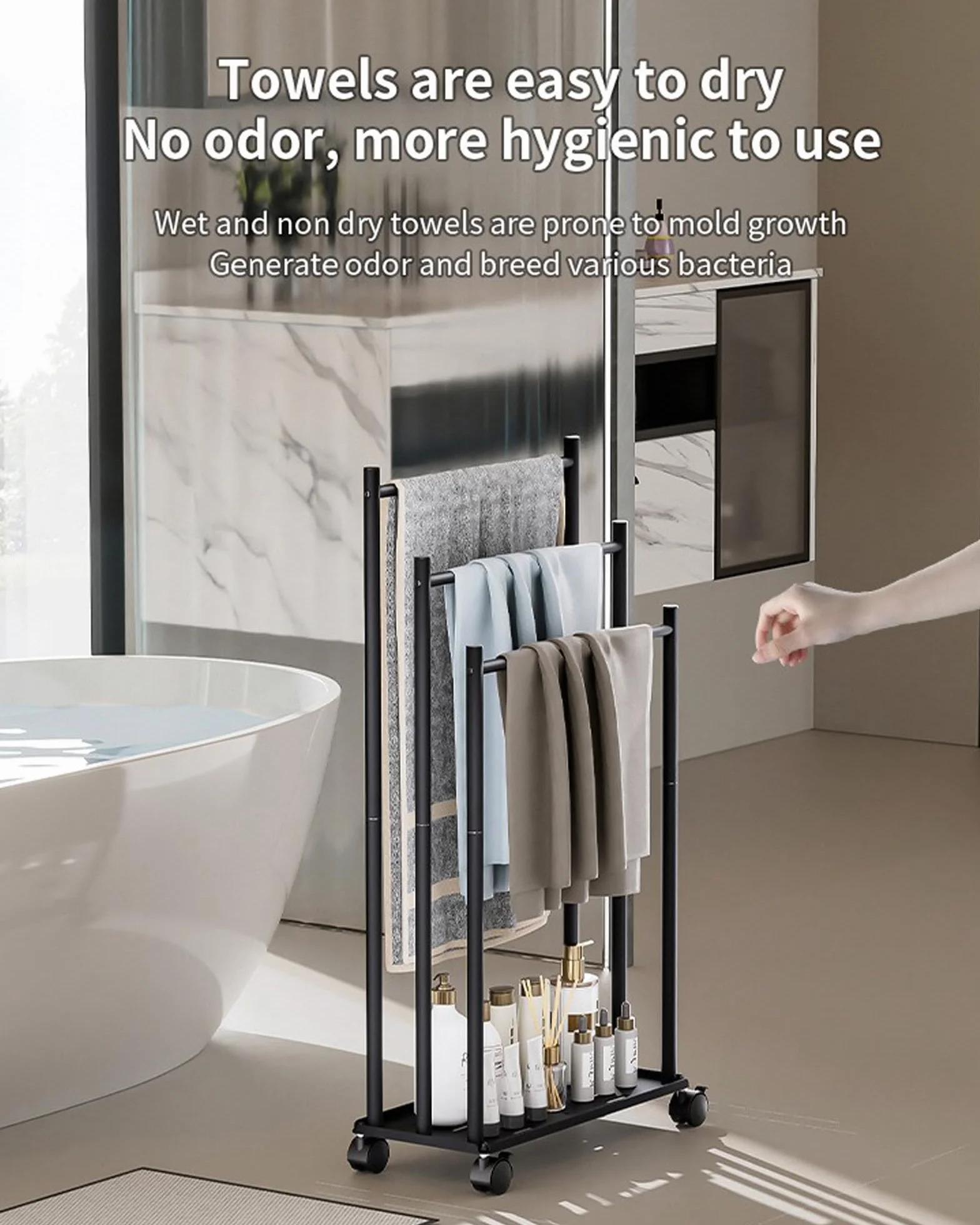 Toallero de Pie de 3 Niveles, Toallero Escalera con Estante y Ruedas, Ahorra Espacio, Material Metálico, Toallero de Piscina para Exteriores, para Baños, Salón, Negro