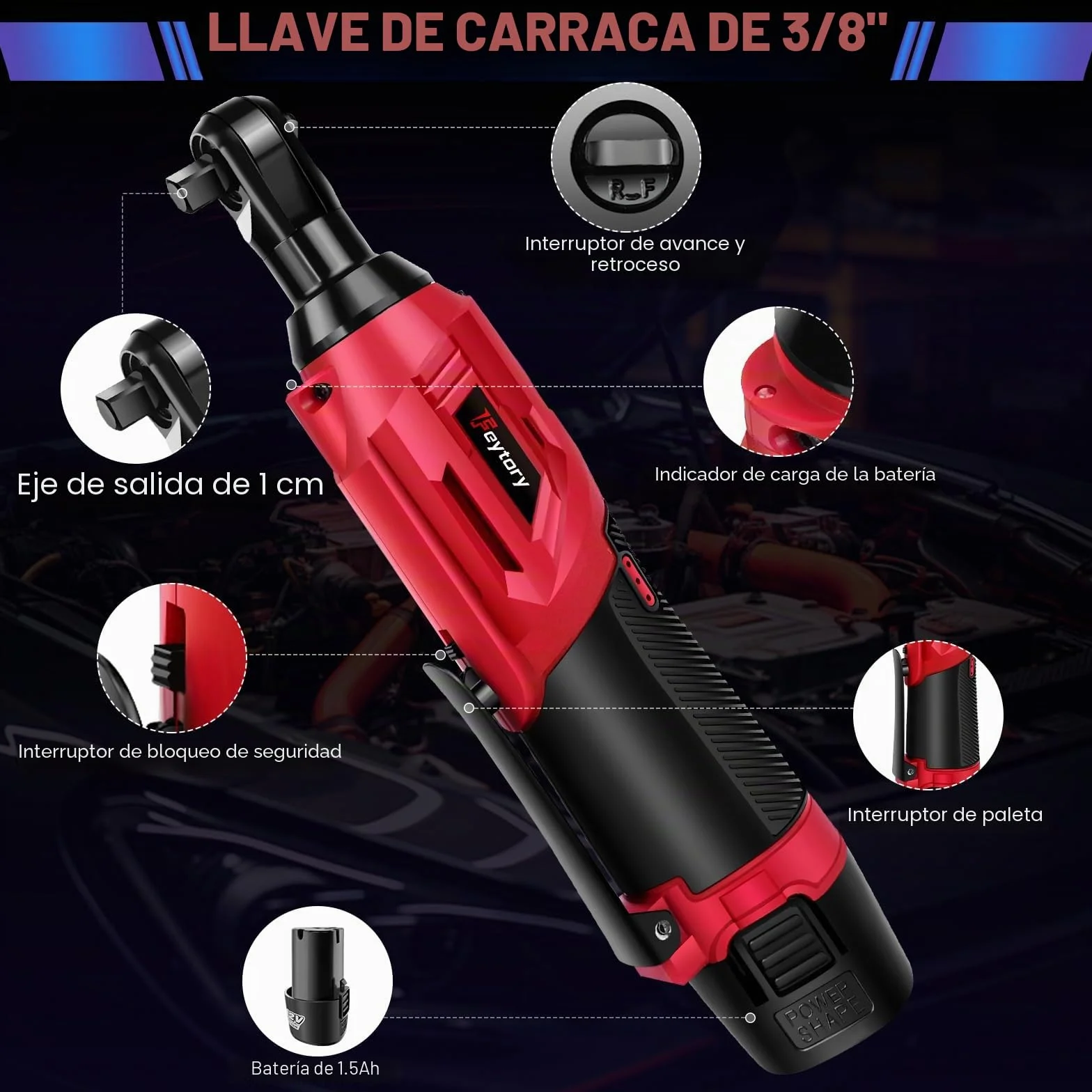 Juego de llaves de carraca eléctricas, batería de 12 V, llave de carraca de 3/8", con par de torsión de 40 nm, 0-300 rpm, con 2 baterías de 1500 mAh, 7 vasos, carraca eléctrica para muebles y coches