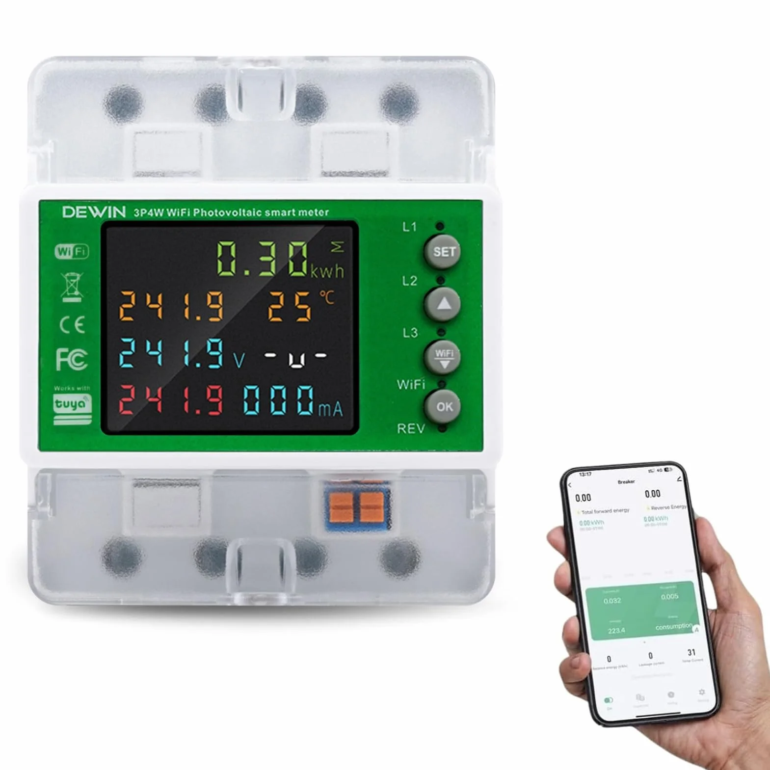 DEWIN WiFi Medidor de Consumo Electrico Trifásico 100A 380VAC Contadores de Energía Trifásicos sobre Raíles Medidor Energia WiFi con Control de Tiempo(con manuales en español)
