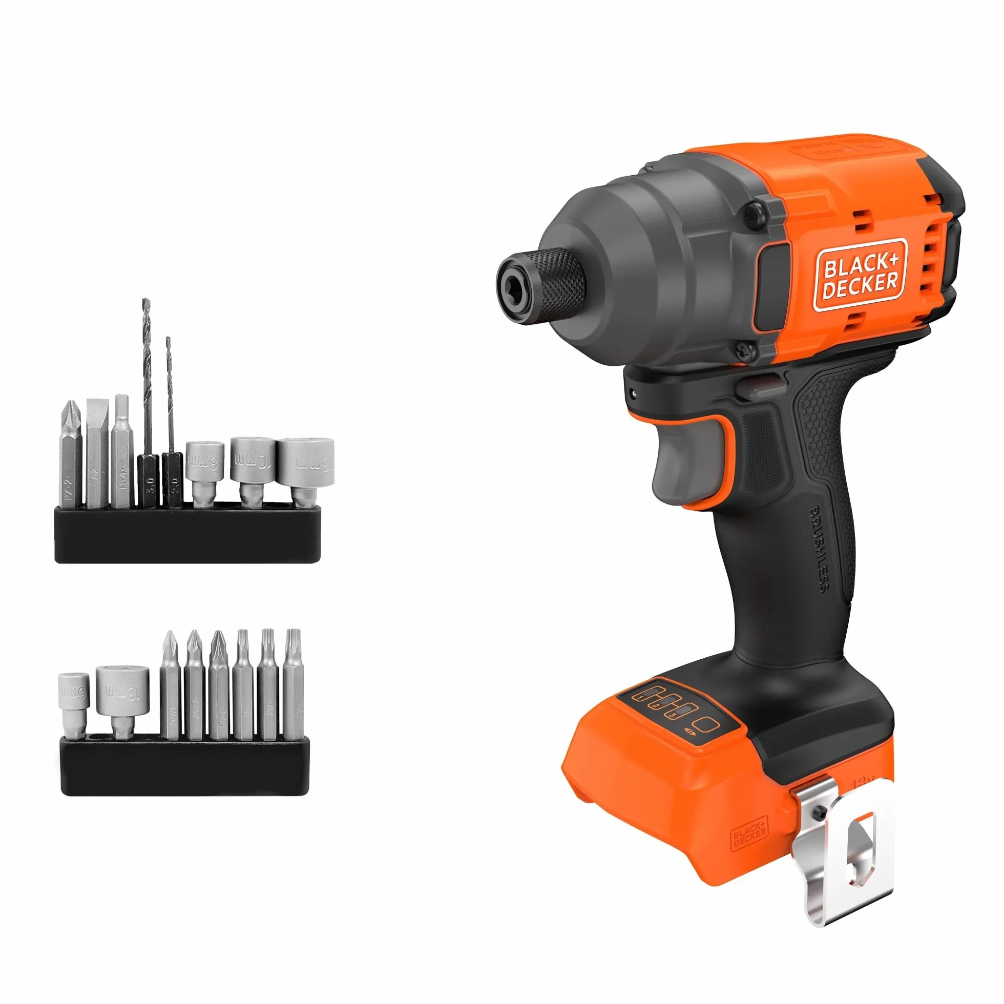 BLACK+DECKER Destornillador de impacto sin escobillas, unidad desnuda llave de impacto inalámbrica y 20 brocas, sin batería ni cargador, BLIM78NZ-XJ