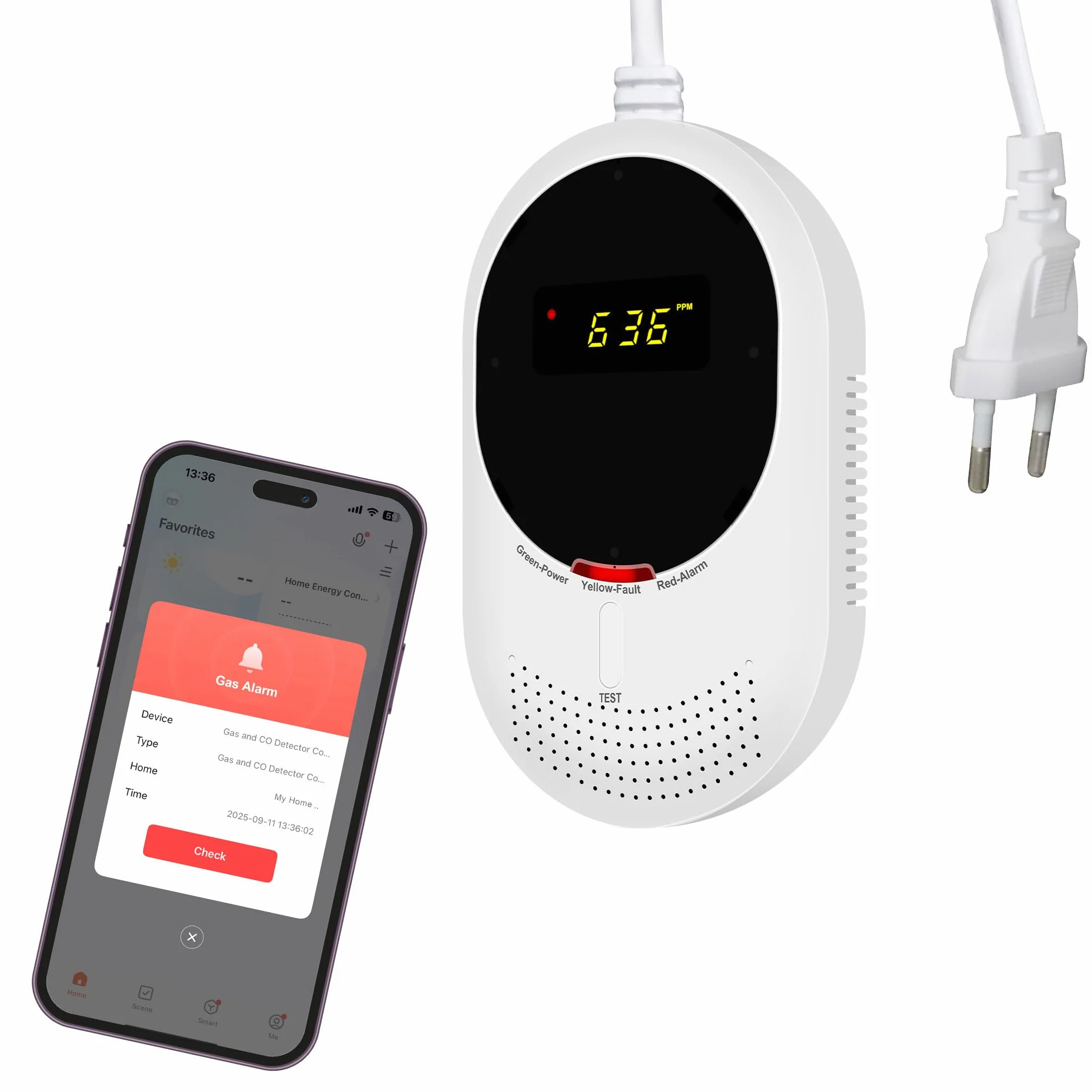 Detector de Gas y Monóxido de Carbono WiFi con Pantalla LCD, Smart Life, Certificado EN 50291/EN 50194, 1 Pack