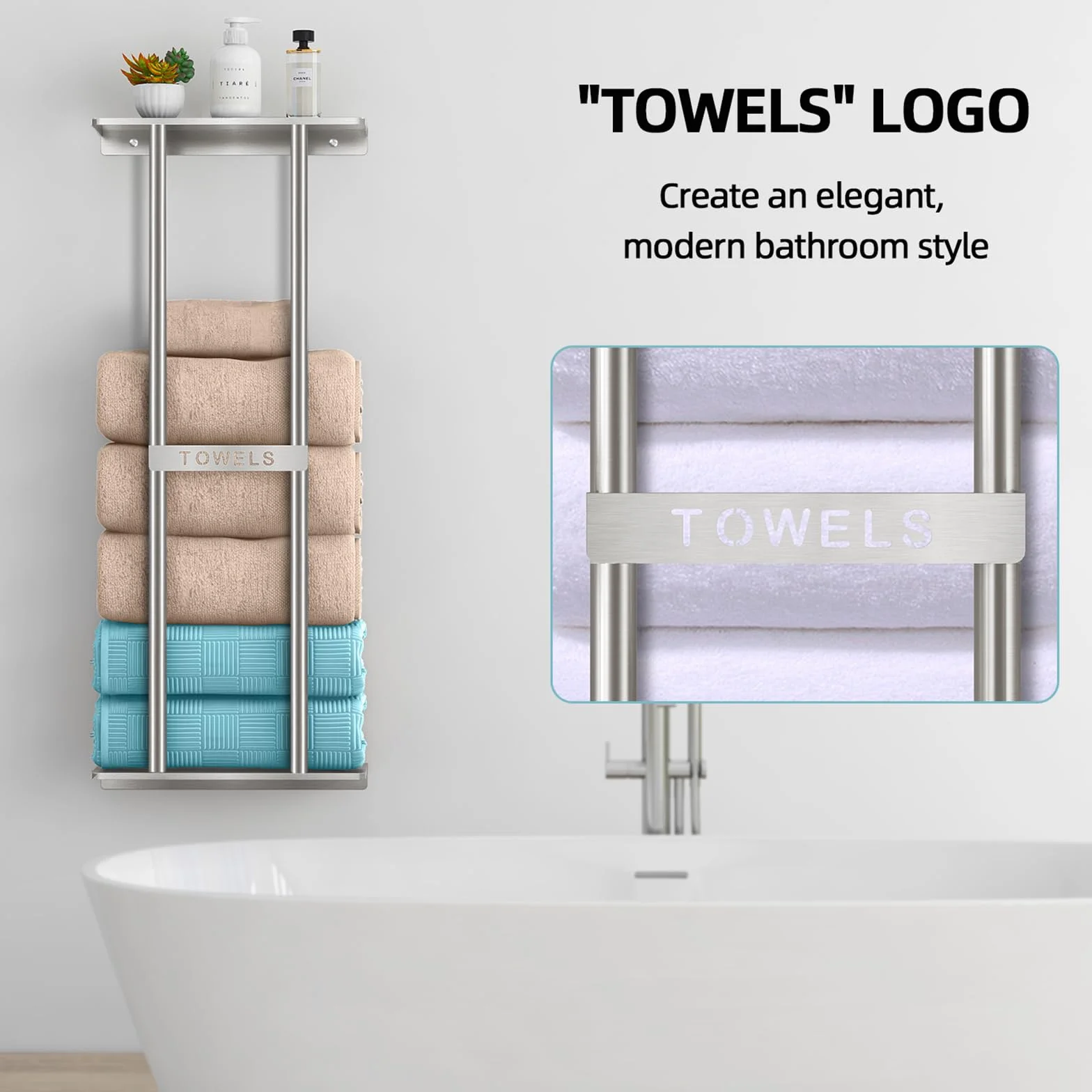 STWWO Toallero de Baño de Pared 76cm Toallero Vertical con Estante Plata Almacenamiento para Toallas enrolladas Baño Soporte para Toallas de Mano Grandes Toallas de Playa, Metal