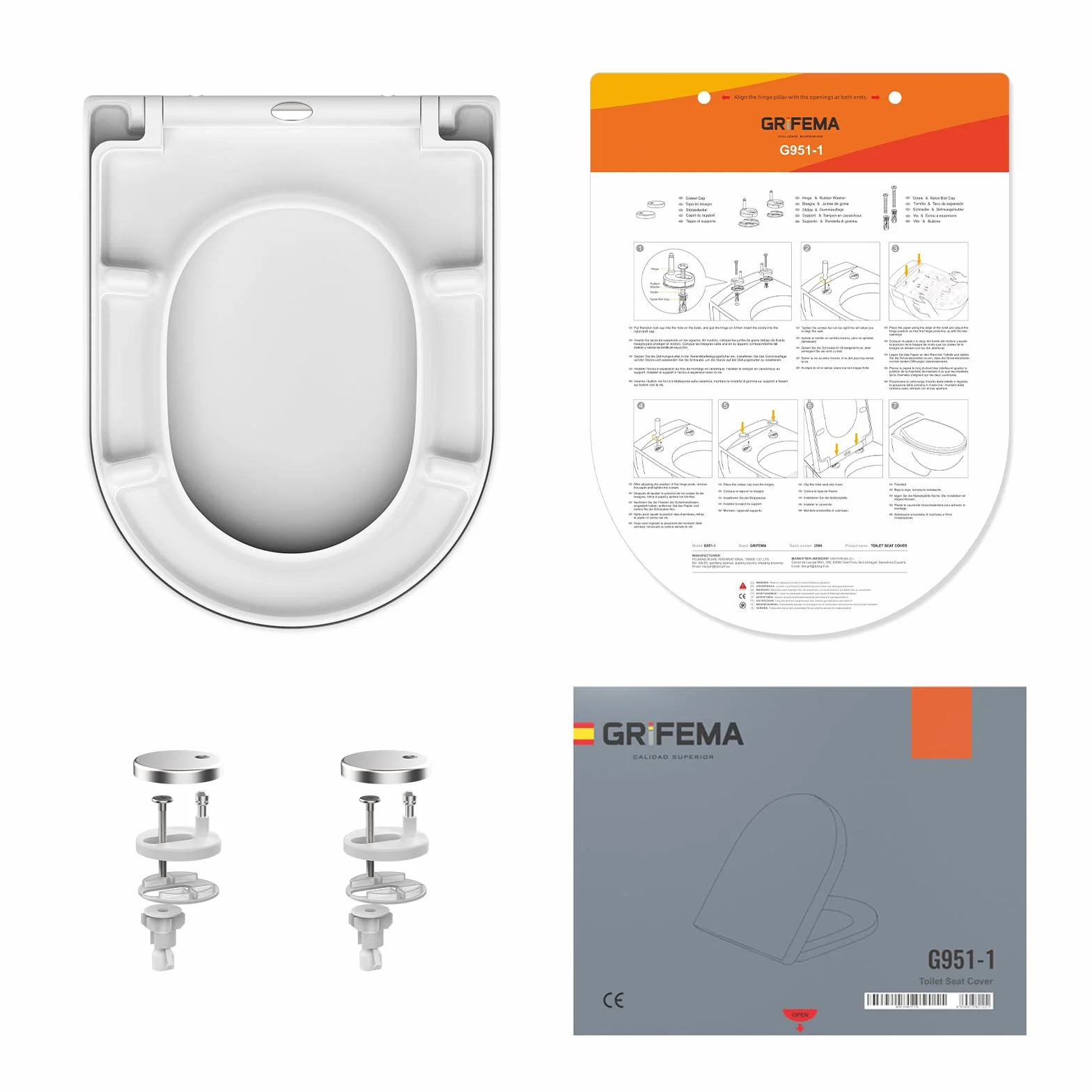 GRIFEMA Tapa WC Universal Premium UF Resin Efecto Cerámico Antibacteriana Cierre Suave Silencioso Liberación Rápida