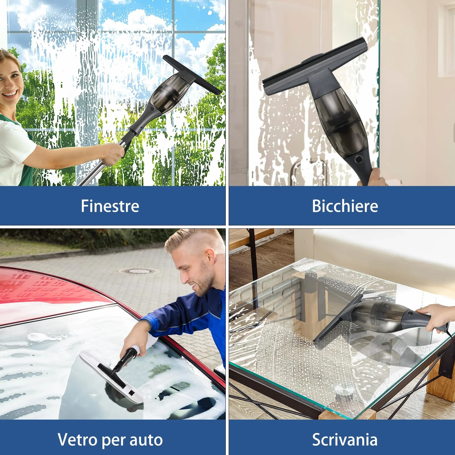 Limpiador Ventanas Eléctrico,Limpiacristales eléctrica,Aspirador Ventana con mango telescópico,boquilla succión 28 cm,botella pulverizadora con funda microfibra para limpieza sin rayas 360° (Negro)