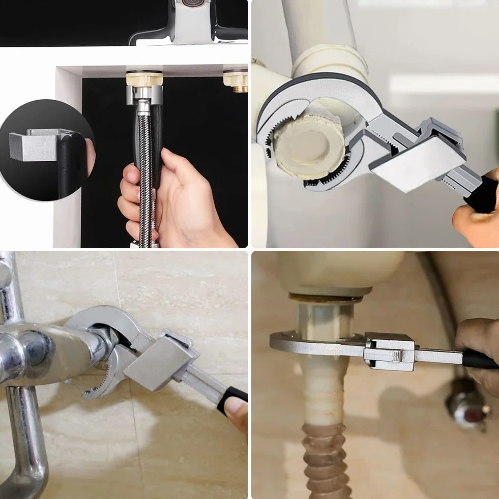 Llave universal ajustable de doble extremo, llave de doble boca ajustable multifunción con 3 cabezales de repuesto, juego de herramientas de reparación para grifo, baño, cocina