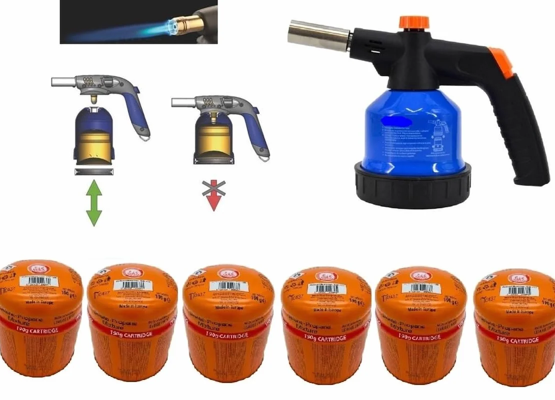 SMH LINE® Quemador de Gas con 6 Cartuchos de 190 g, Soplete de Soldadura, Llama Ajustable, Encendido Piezoeléctrico