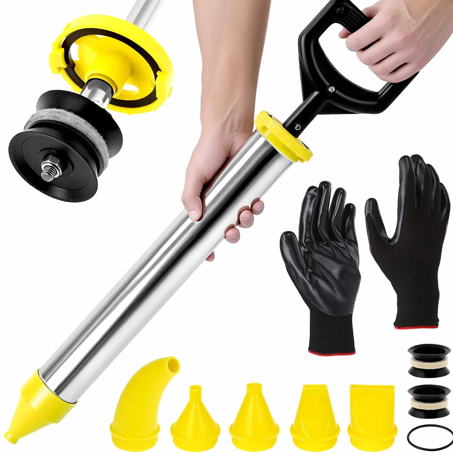 QWORK® Aplicador de Mortero Inoxidable con 5 Boquillas - Pistola de Mortero para Reparar Grietas y Calafateo - Incluye Cabezal de Sellado de Repuesto y Guantes