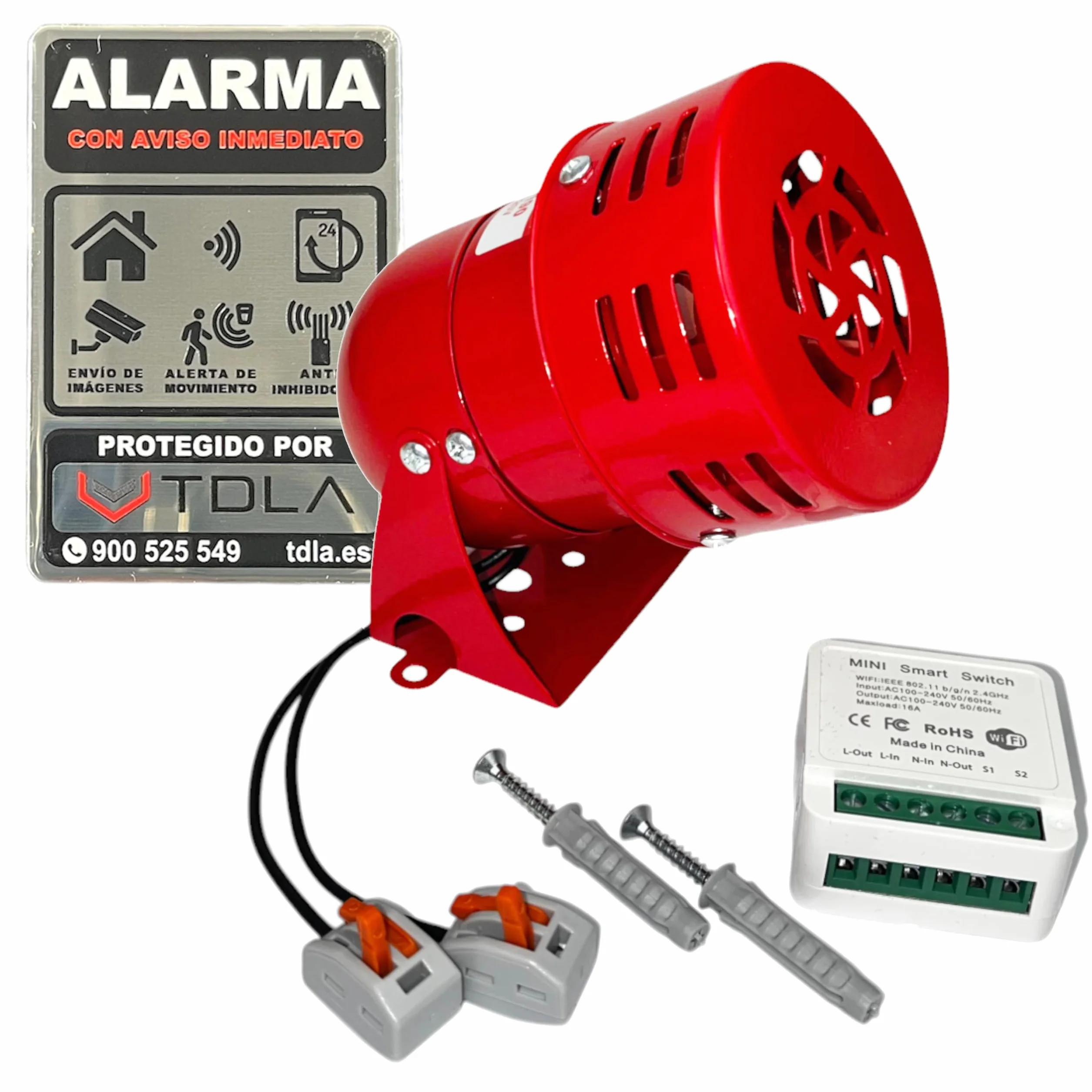 Sirena Control WiFi | Potente Motor 220V | Control Remoto Relé WiFi Incluido | Adhesivo Incluido | Sonido Alarma | 120DB | Metal Rojo | Compatible wallswitch AJAX | Google , Alexa, Tuya. | MS-190