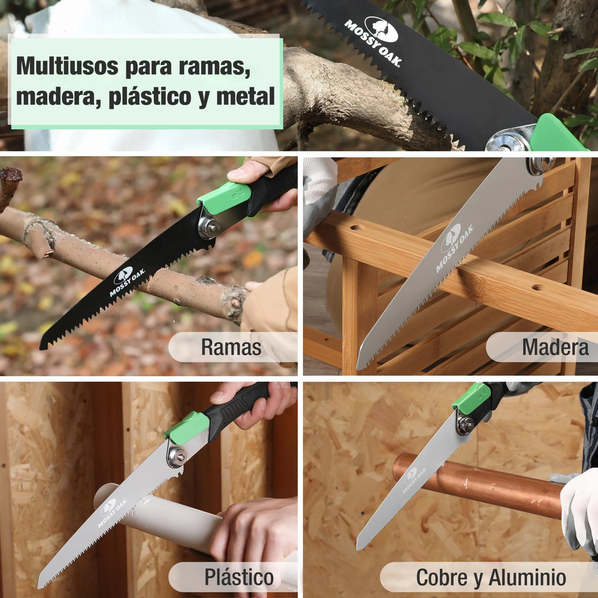 Mossy Oak Sierra de Podar 3 en 1, Sierra Plegable con Cuchillos de Madera, Métal y Plástico, Serrucho Plegable con Bolsa de Organizador, para Poda, Jardinería, Madera, Tubos, Metal