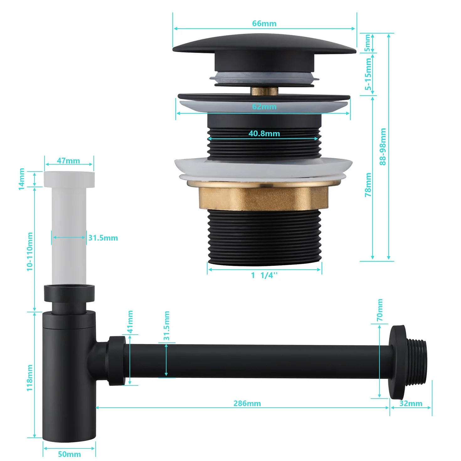 Sifón Lavabo Negro Universal con Desagüe sin Rebosadero, Altura Ajustable, Válvula Click Clack