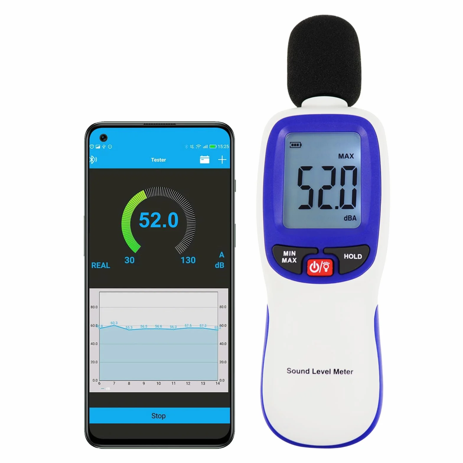 Medidor de Nivel de Sonido Digital Bluetooth SPL 30~130dBA MAX/MIN Retención de Datos Pantalla LCD Retroiluminada