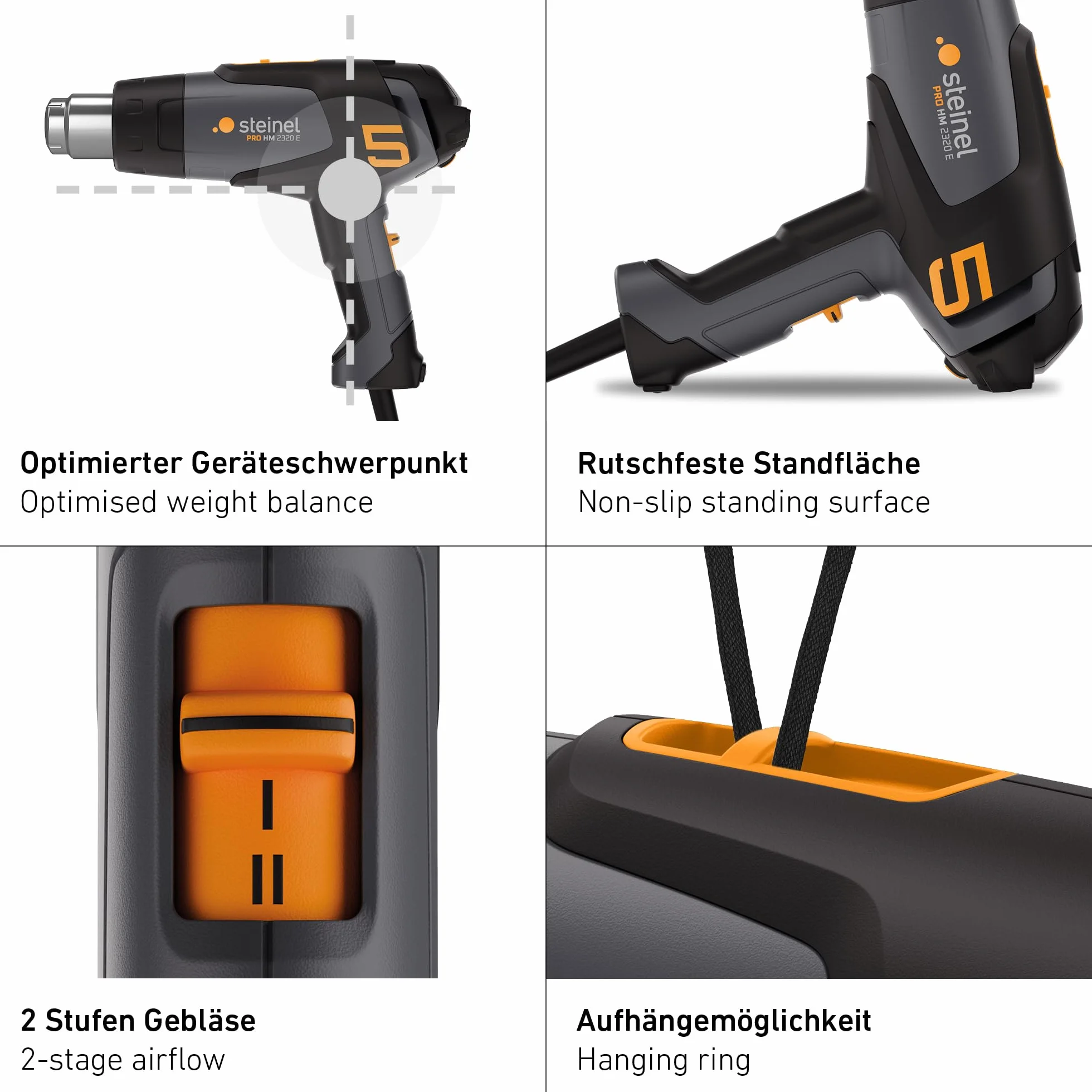 Steinel Pistola de aire caliente HM 2320 E Set, incl. boquillas y tubo termorretráctil, pistola de aire caliente profesional 2300 W, 80°-650°C, pantalla LCD, calefacción cerámica