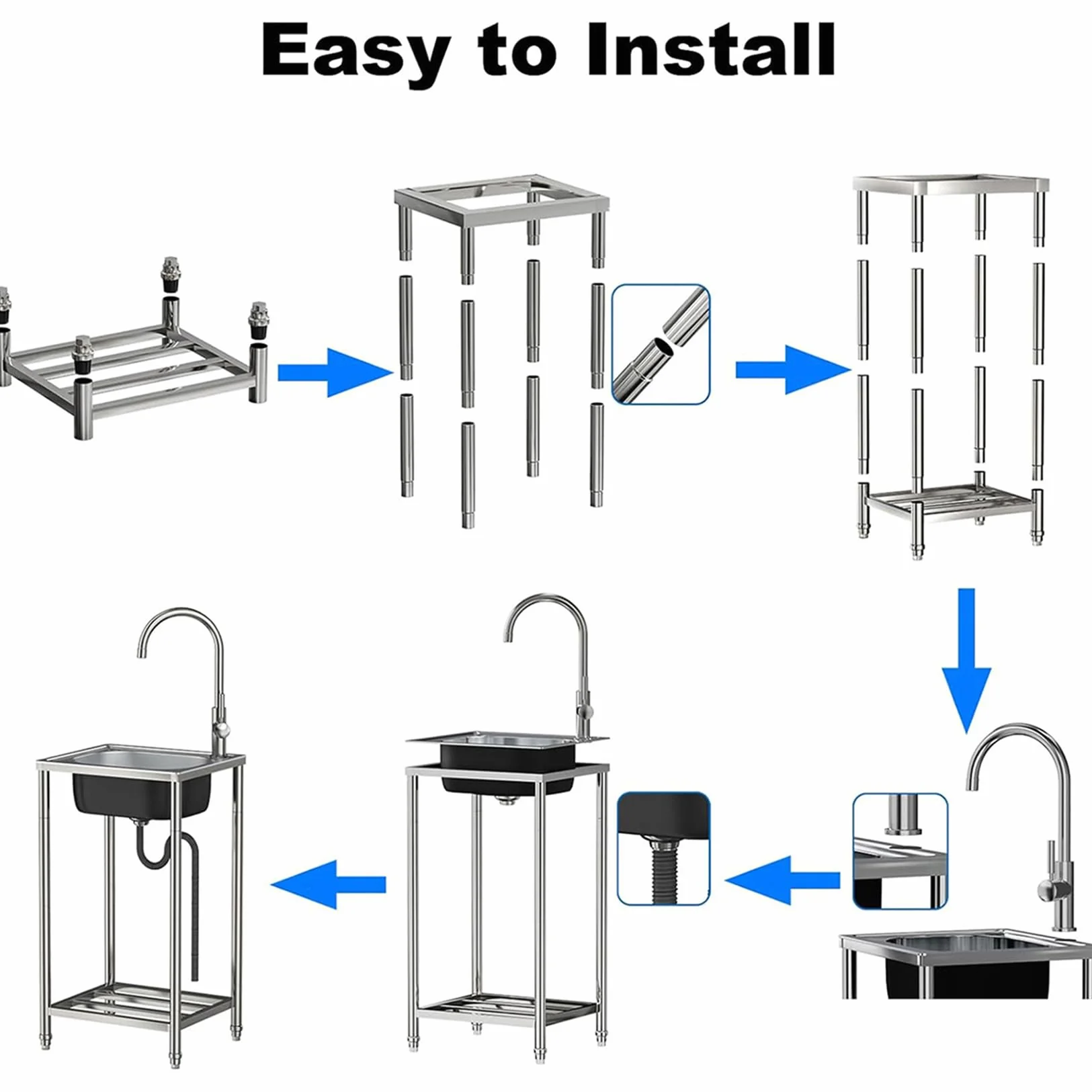 Fregadero De Cocina Exterior/Jardin Mueble Fregadero De Acero Inoxidable | Portatil Lavamanos Industriales con Grifo Estante Y Escurridor Pila De Lavar Para Garajes/Lavanderías/Restaurantes Comercial
