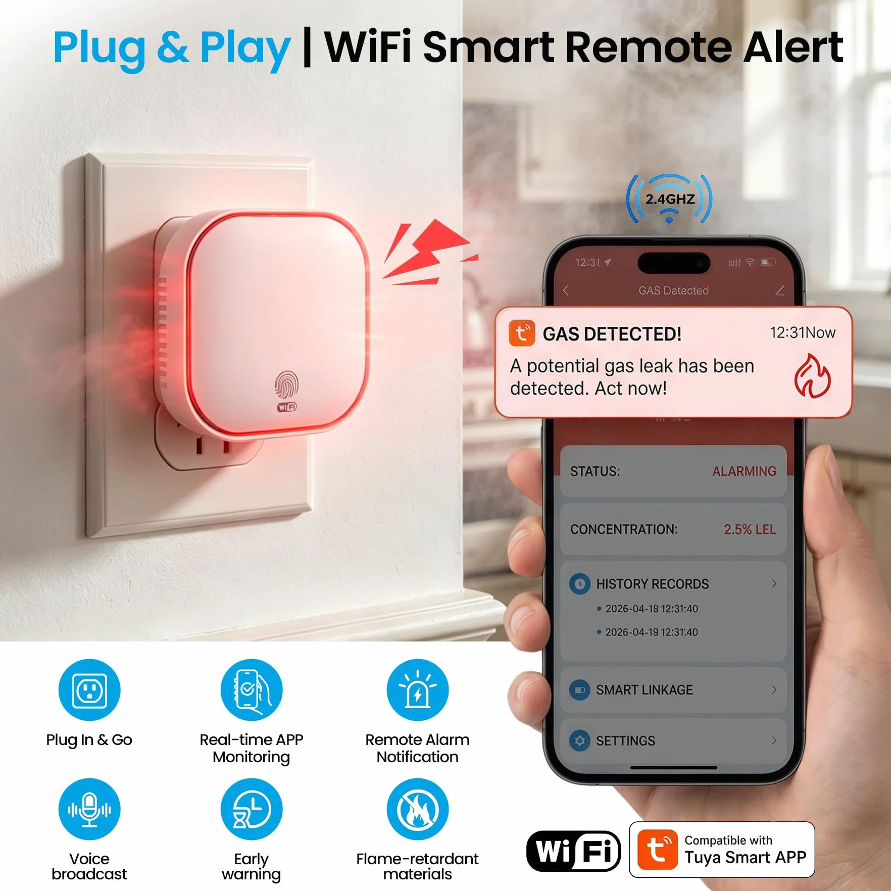 BoundlessBrothers Detector de Gas WiFi para Enchufe, Alarma de Gas Doméstica según EN 50194, Detector de Gas Plug-in con App Tuya Smart, WiFi 2,4 GHz, para Gas Natural, Metano, Propano, Butano