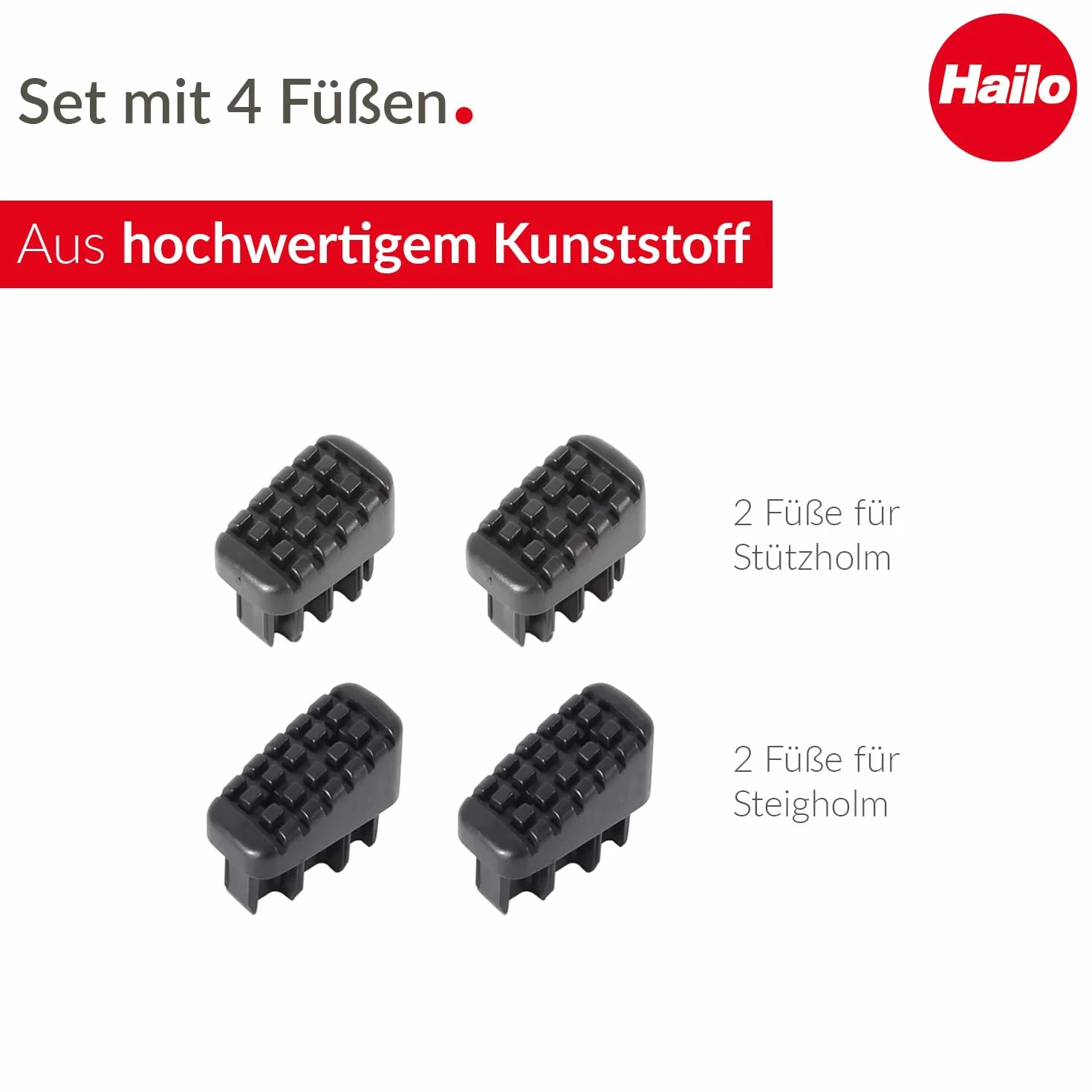 Hailo Juego de pies para escalera Hailo - Pies de repuesto para escaleras domésticas Hailo como L20, L40 BasicLine y L50, L60 StandardLine - 43 x 20 y 35 x 20 mm - 4 x patas de escalera - Negro