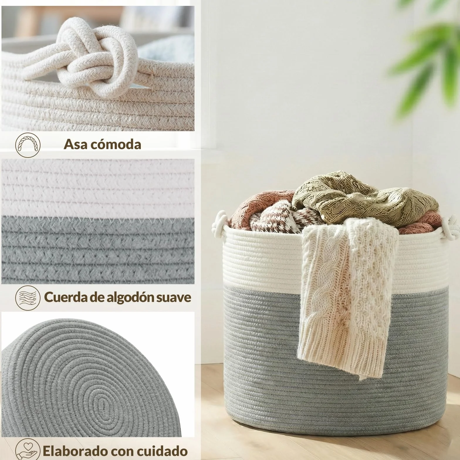 COSYLAND Cesto de Ropa Sucia de Cuerda de Algodón D50 x H35 cm – Cesta para la Ropa Sucia con Asas – Cesto Plegable para Mantas, Juguetes y Lavandería – Blanco Crema y Gris Claro