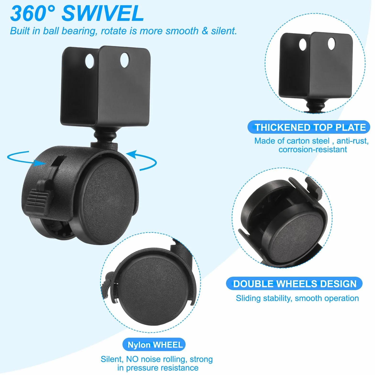PATIKIL Rueda Giratoria De 1.5" Con Soporte En U De 0.79", Juego De 4 Ruedas Giratorias De Nylon 360° Sin Ruido Con Frenos Para Patas De Muebles Negro