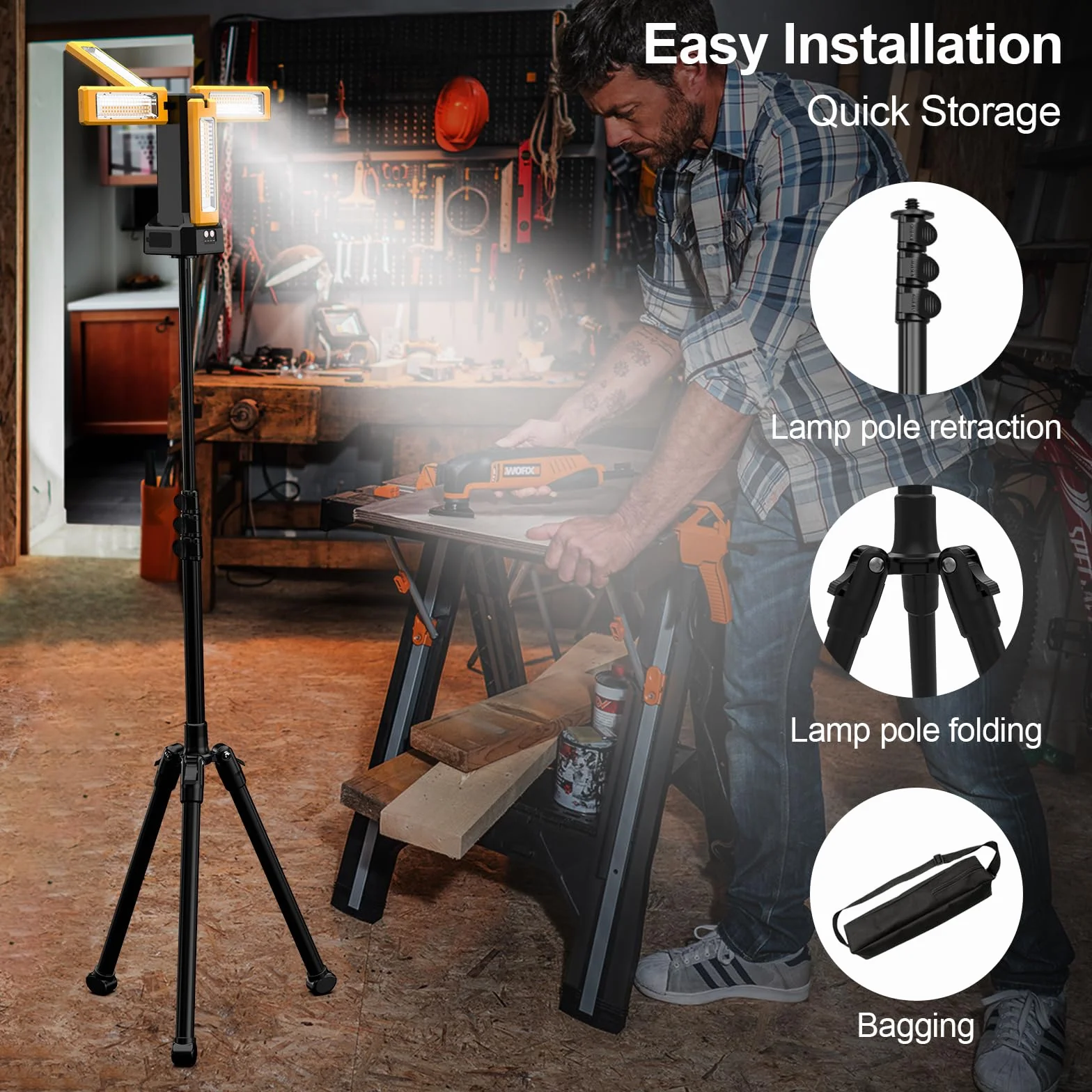 Foco de Construcción LED con Batería Solar con Trípode, Batería de 13200 mAh de Capacidad, Foco Recargable de Trabajo 8000 Lúmenes, Para Obras de Camping, Estudio (Naranja)