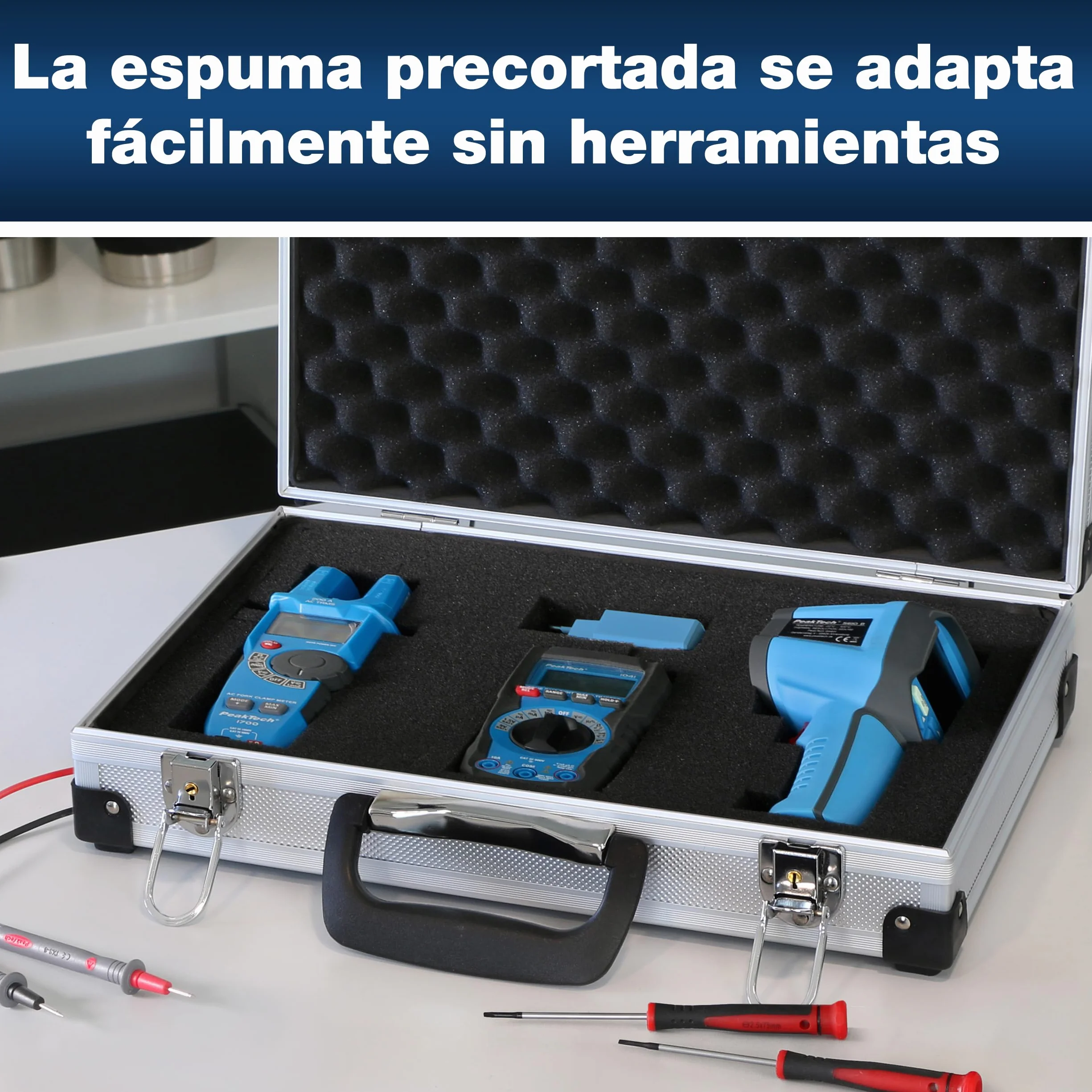 PeakTech 7260 Estuche de transporte de aluminio resistente para instrumentos de medición, acolchado de espuma, L - 370x80x230 mm