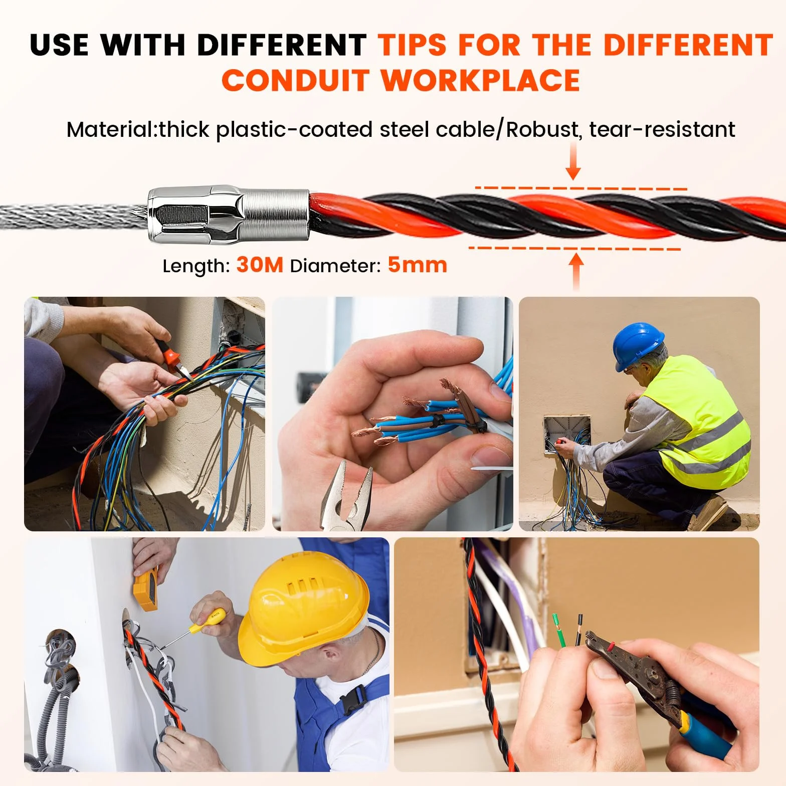 Guía Pasacables 30m, Enhebrador de Alambre Electrico Diámetro 5 mm, Sonda Guía para Electricista con 2 Muelles de Guía, con Mango, Herramienta para Pasar Cables en Instalaciones Eléctricas (Naranja)
