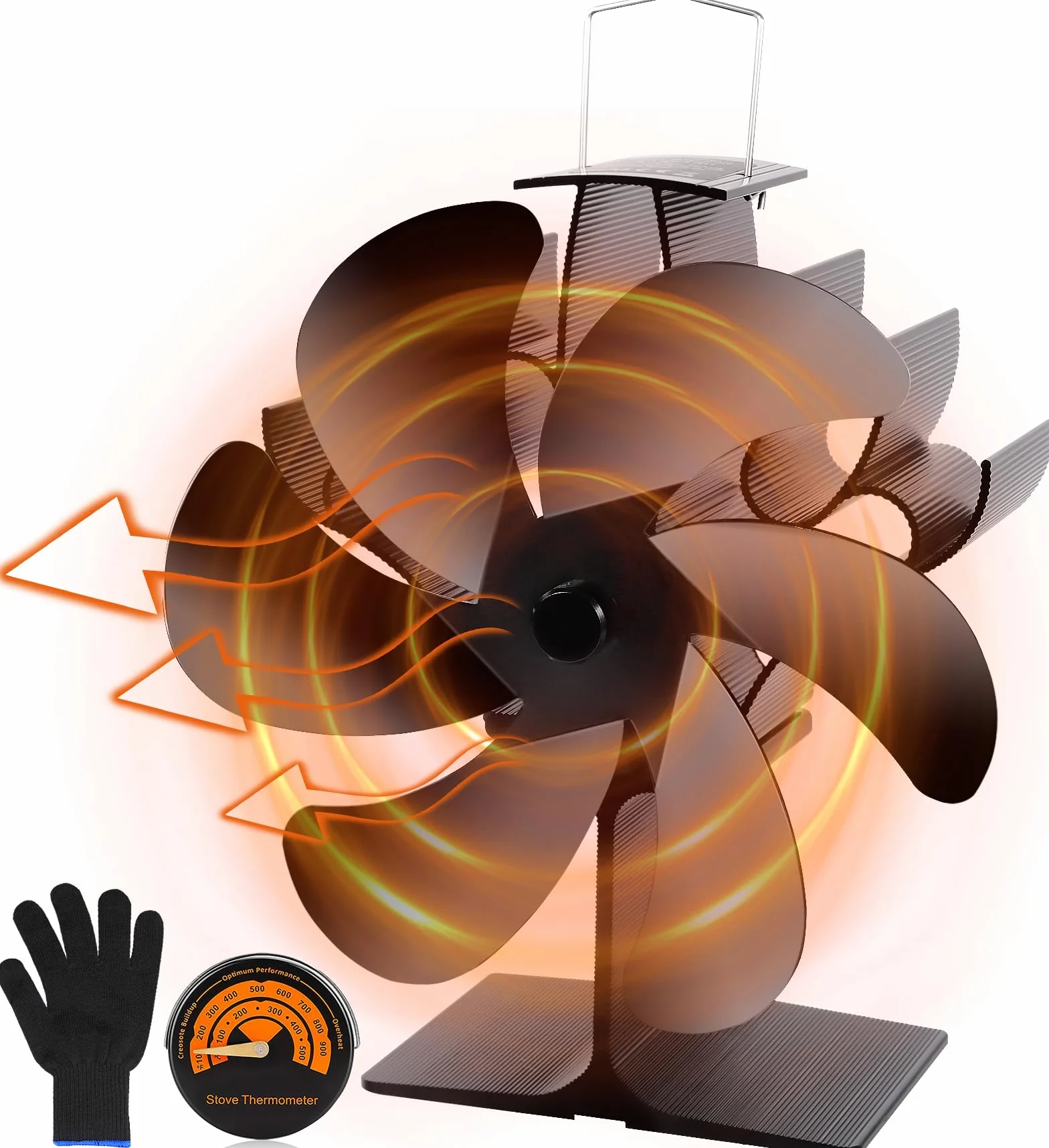 Ventilador de chimenea,Ventilador de estufa de 6 palas,con termómetro magnético y Guantes,Circulación de Aire Caliente,Ventilador no eléctrico,para leña/leña/chimenea para estufas de leña.