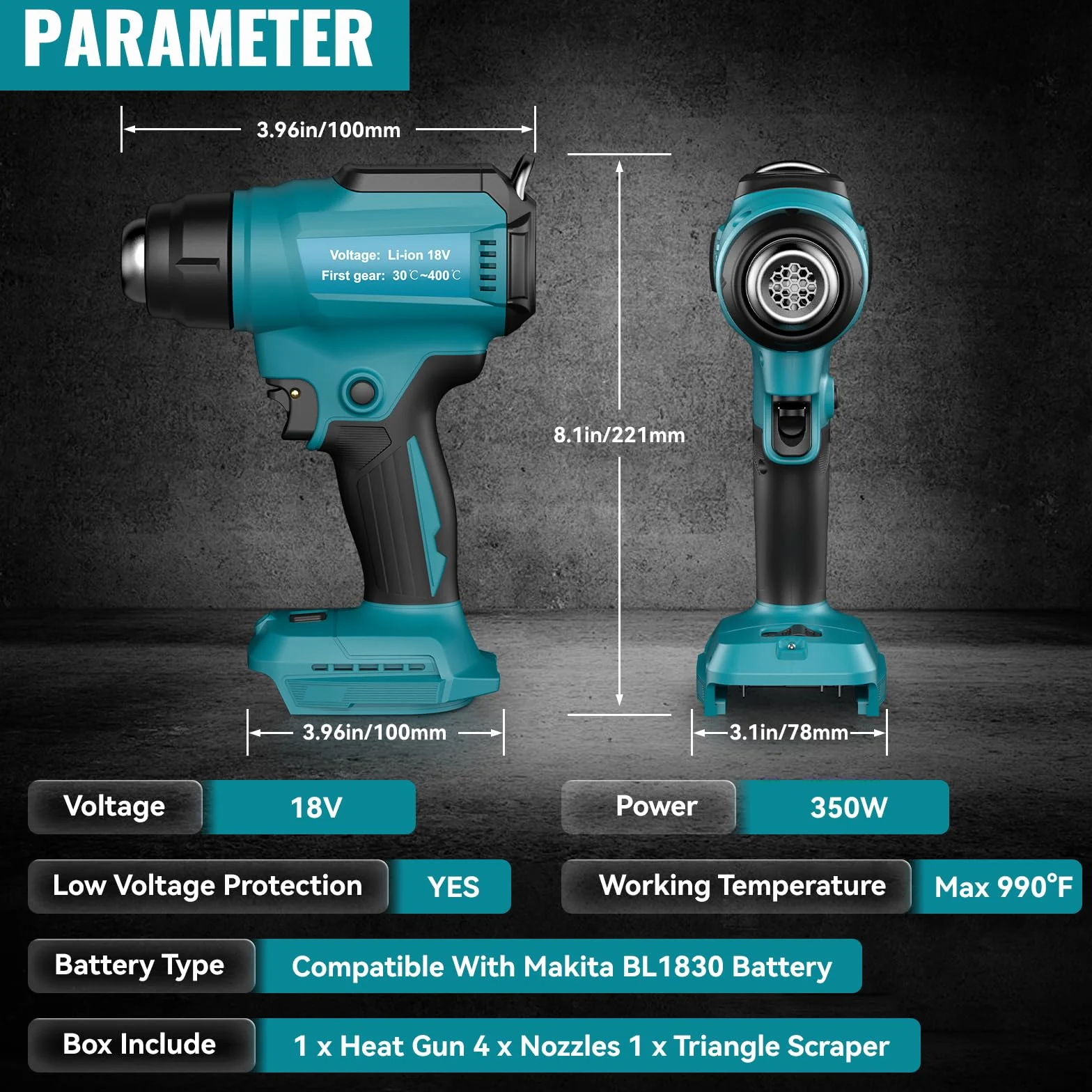 Pistola de calor inalámbrica para Makita 18 V batería (sin batería) pistola de calor para soldar, doblar tubos, eliminación de pintura, pistola de calor con 4 boquillas.
