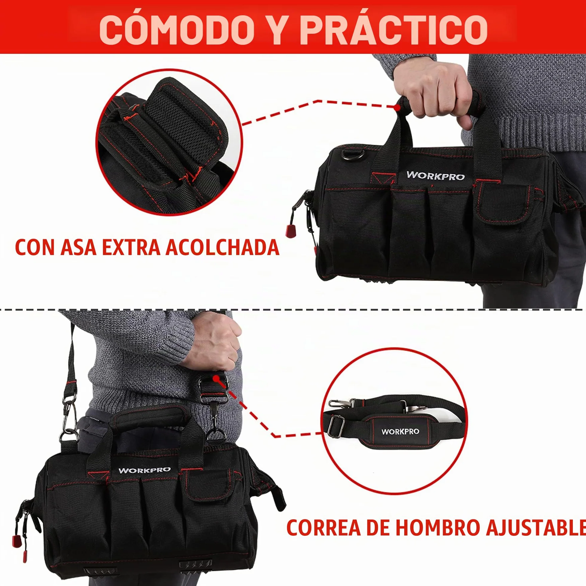 WORKPRO Bolsa de Herramientas 30 x 18 x 20 cm, Bolsa de Transportse Universal, 7 Bolsillos Exteriores, Amplia Apertura de Cremallera, Correa de Hombro Ajustable, para Almacenamiento de Herramientas