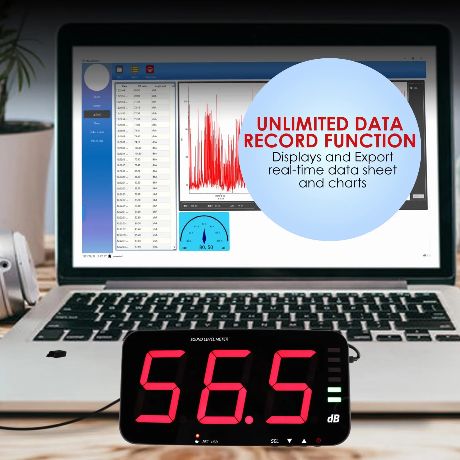 Medidor de Nivel de Sonido Digital 30-130 dB, Medidor de Decibelios con Pantalla HD de 13 Pulgadas Montado en la Pared