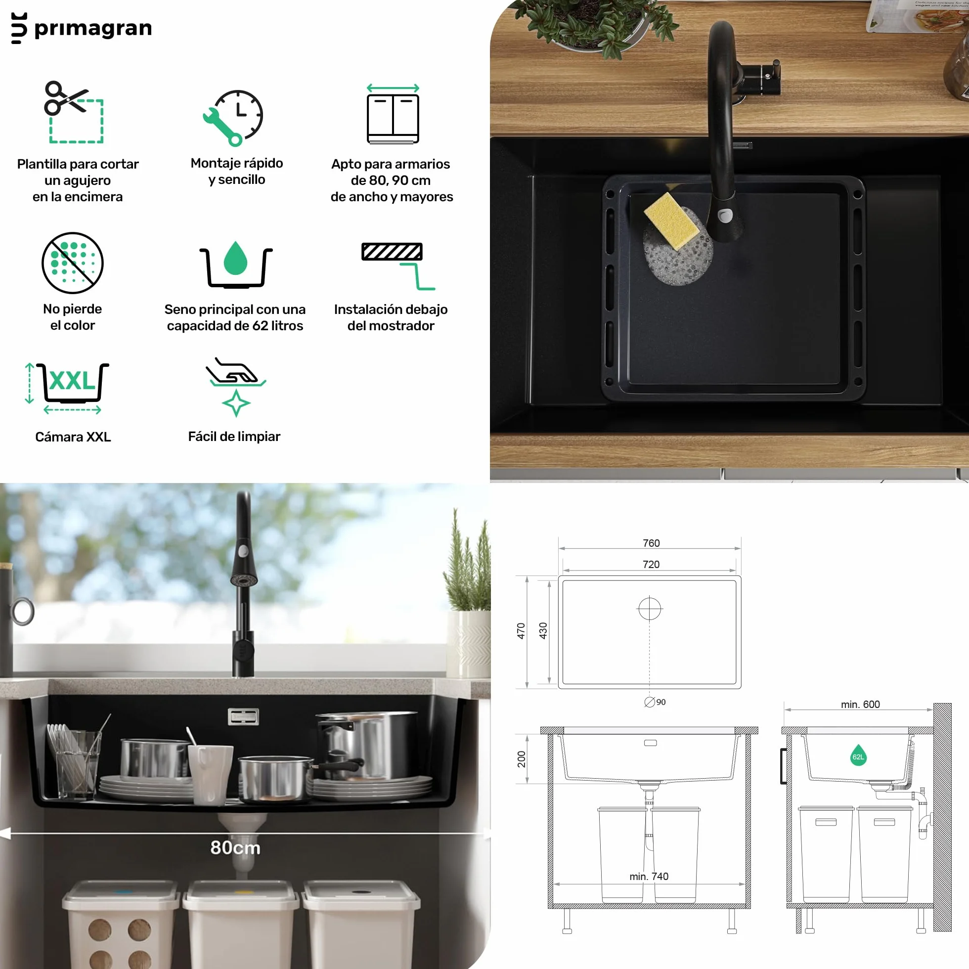 PRIMAGRAN Fregadero bajo Encimera Negro 76x47cm, Cocina 1 Seno + Sifón, Granito al Mueble 80cm - London S477
