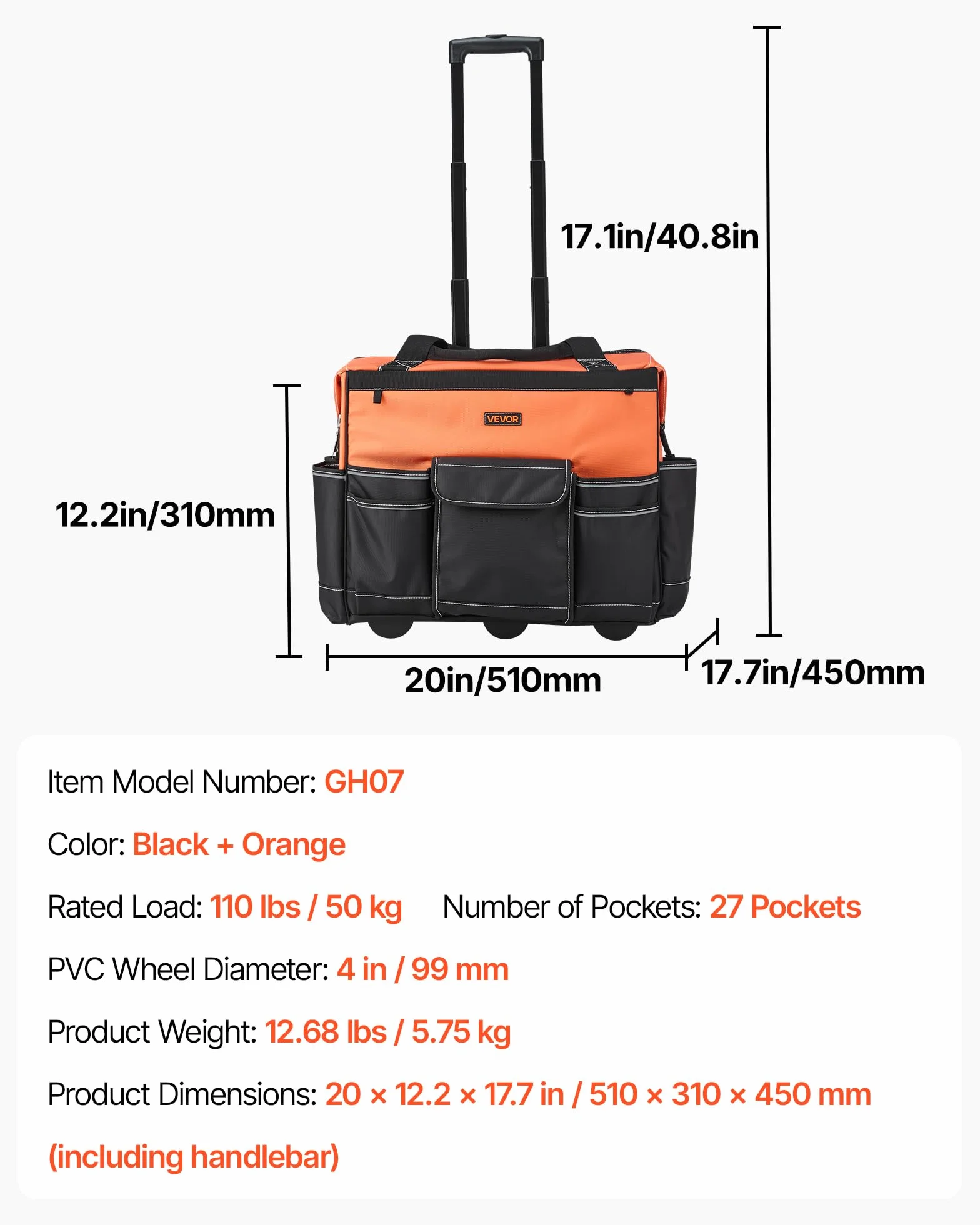 VEVOR Mochila con Ruedas de 510 x 310 x 450 mm Capacidad de Carga de 50 kg, Mochila de Herramientas Resistente con 27 Bolsillos, Asa Telescópica Ajustable y Base Estable para Construcción y Mecánico