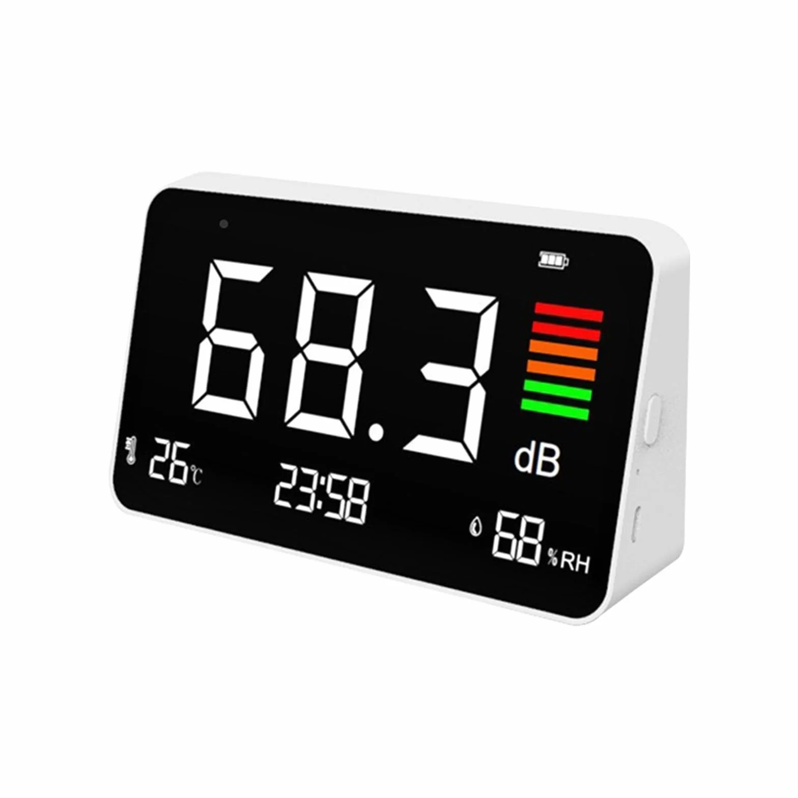 Sonometro, Medidor de Decibelios con Pantalla LCD, Reloj Detección de Temperatura y Medidor de Humedad, Medidor de Nivel de Sonido Digital de 30 a 130 dB para Casa, Escuela, Hospital