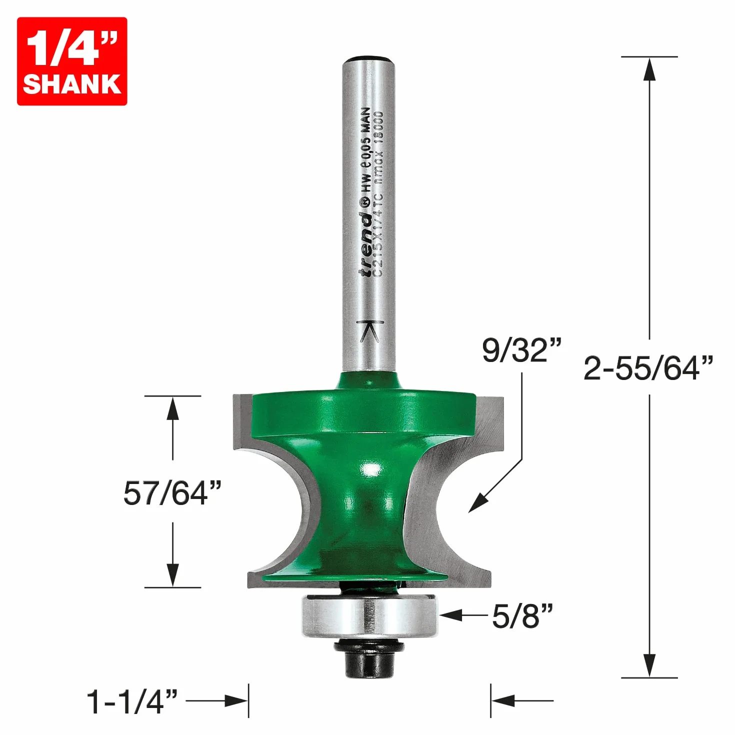 Trend CraftPro Fresa guiada por rodamiento para moldura de esquina, 1/4” | Perfilado preciso de bagueta de esquina: Ø31,9 mm, L22,5 mm, R7 mm, metal duro TCT, C215X1/4TC