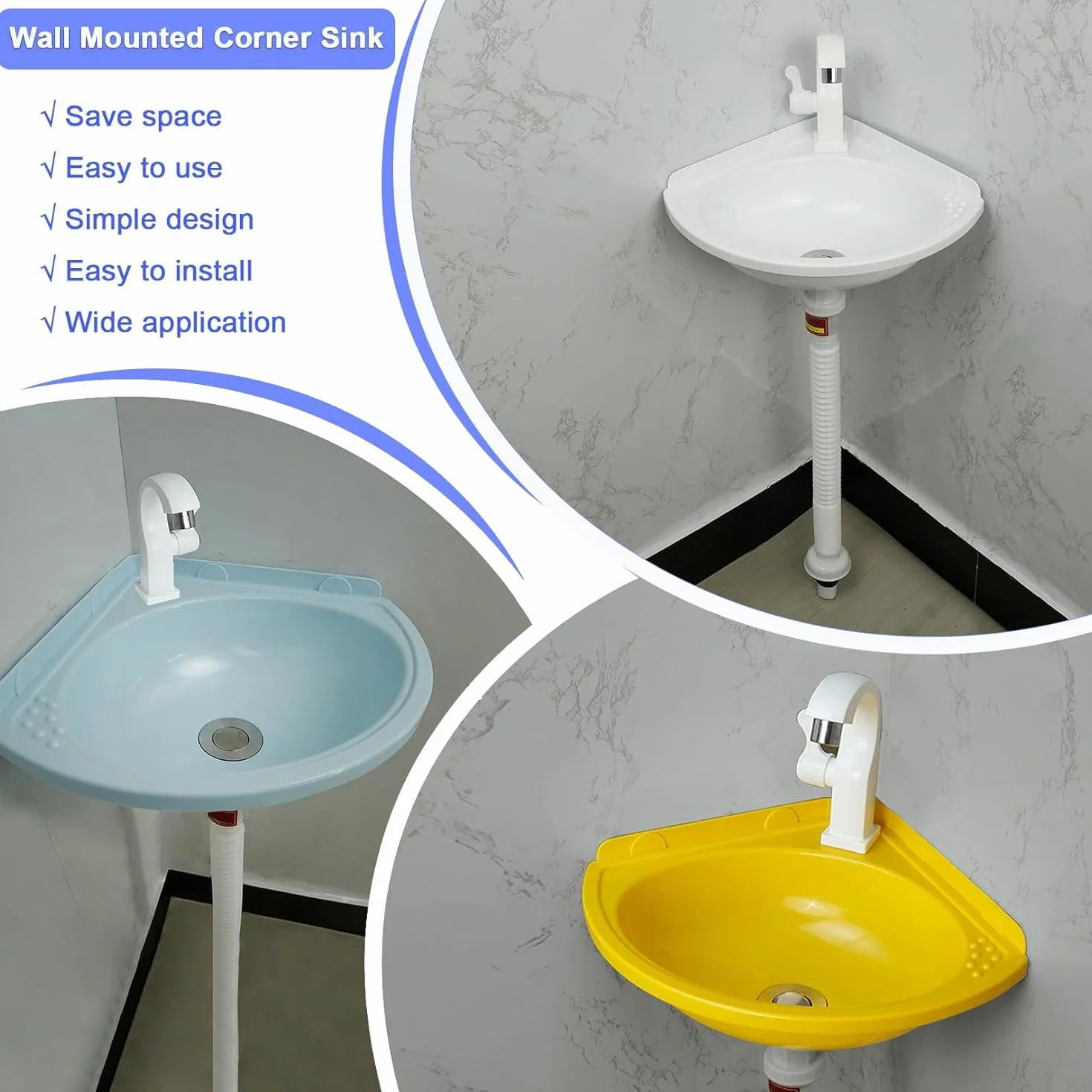 Lavabo Esquinero de Pared Triangular con Grifo, Plástico para Baño Pequeño, Monocubeta de Cocina y Balcón