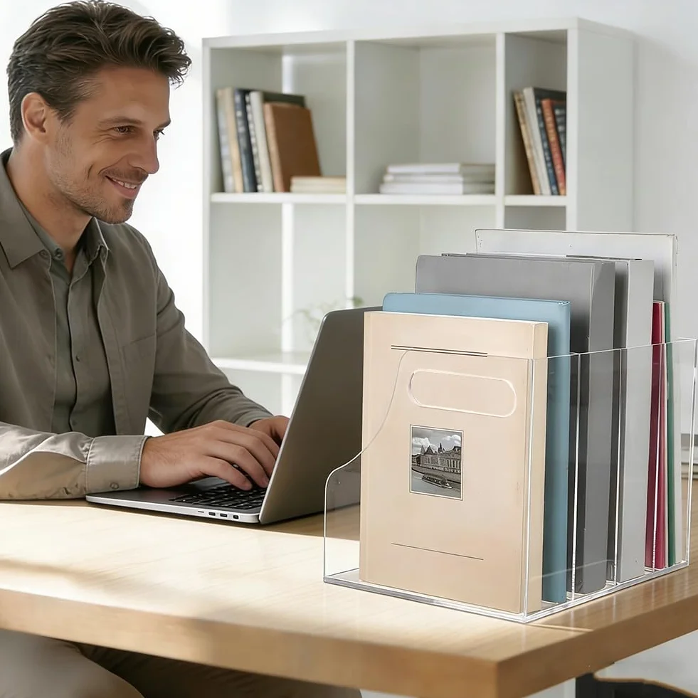 Organizador de escritorio de acrílico transparente PH PandaHall 4 compartimentos verticales para archivos y libros
