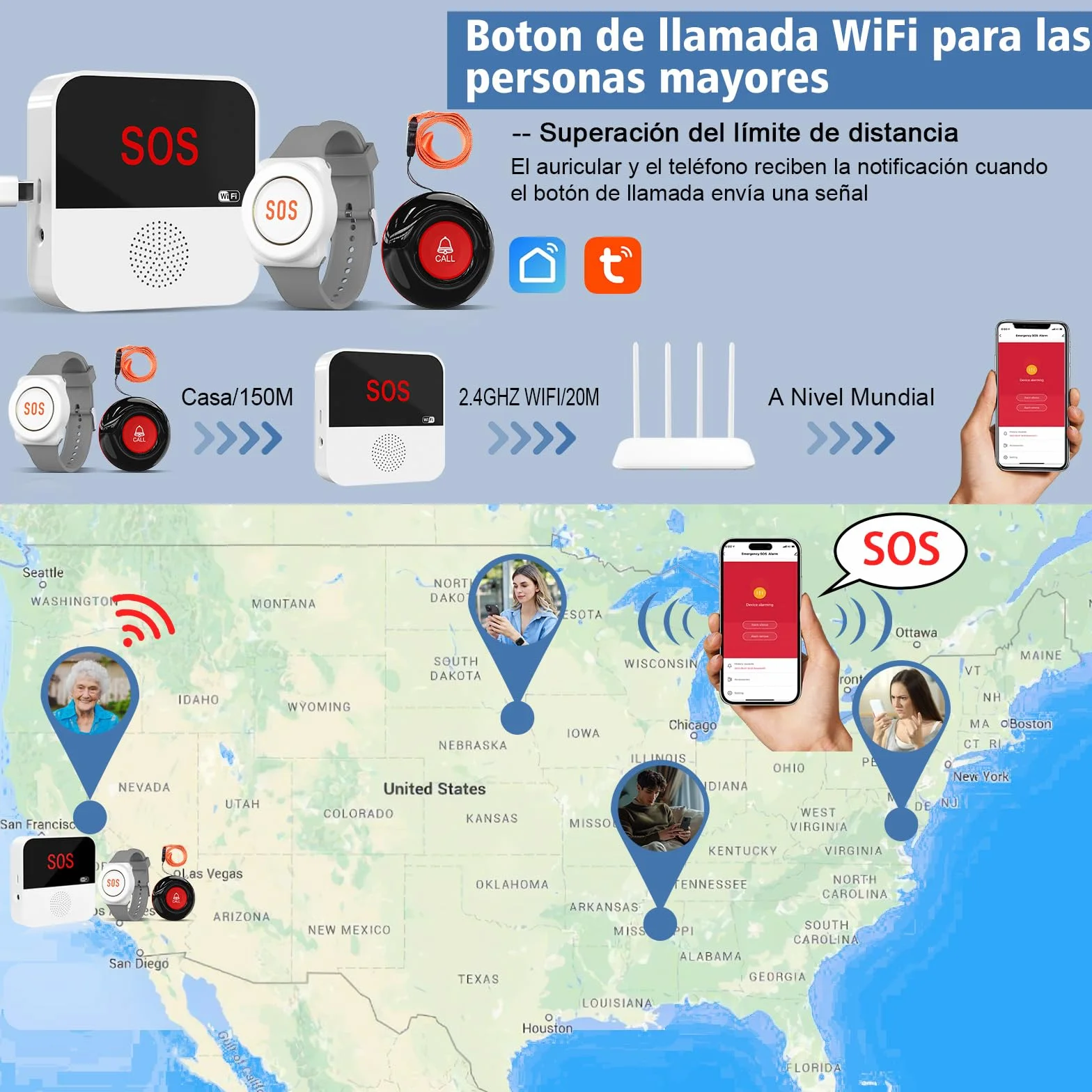 ChunHee Avisador Personas Mayores Botón Emergencia Ancianos Tuya WiFi Smart Senior Sistema de Alerta de Llamada de Emergencia para Pacientes Mayores Discapacitados (Versión enchufable (con reloj 2-1))