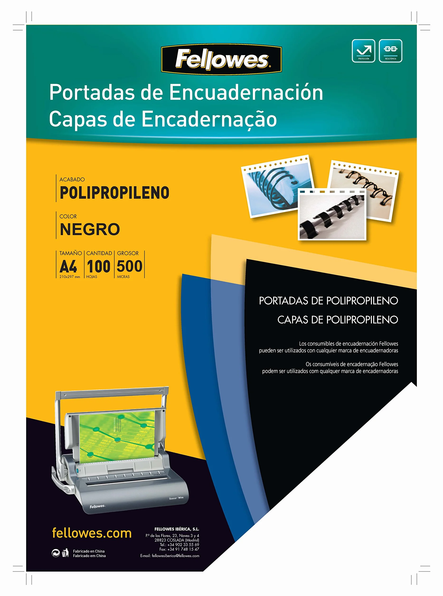 Fellowes 54772 - Portadas para encuadernar de polipropileno, A4, negro
