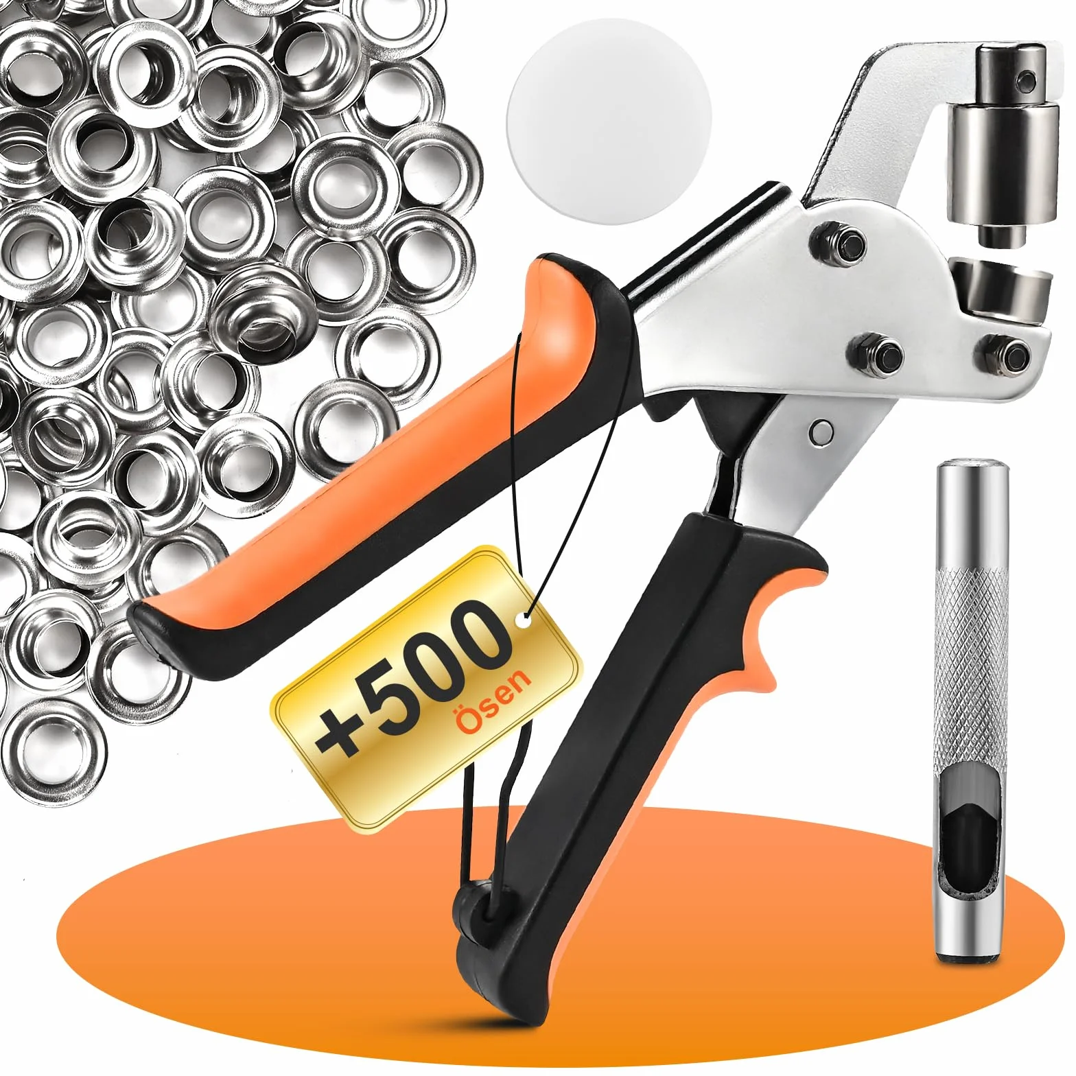 Cieex Juego de Remachadora y 500 Ojales Metalicos - Kit Completo para Ojales para Lonas, Cuero, PVC - Remachadora Ojales con Sujetador Magnético y Punzón