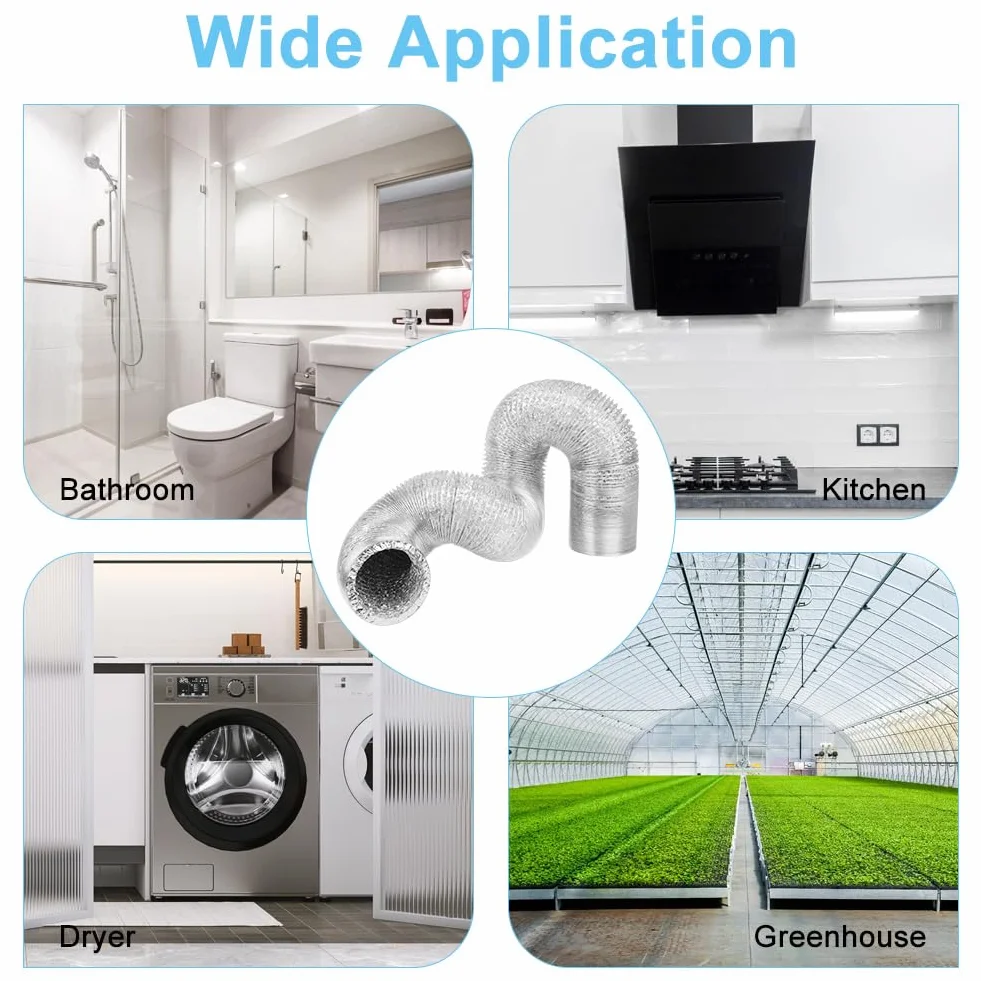 Manguera de ventilación de PVC de 100 mm,5 metros,tubo de aluminio con 2 Abrazaderas Acero Flexible di Aluminio PVC,para Kitchen,Baño,Climatización,de Ventilación Sistemas,plata