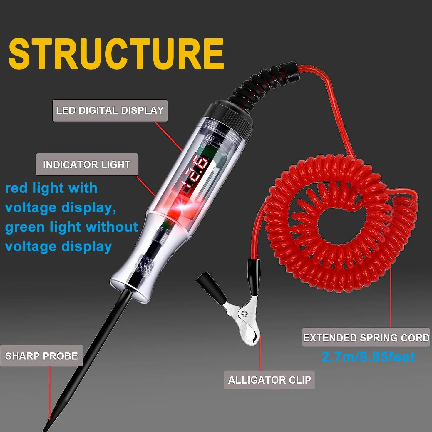Greluma 1 Pieza Probador de circuito automotriz de 3-48V con voltímetro,luz de prueba de pantalla de retroiluminación LED resistente,probador de voltaje de DC bidireccional