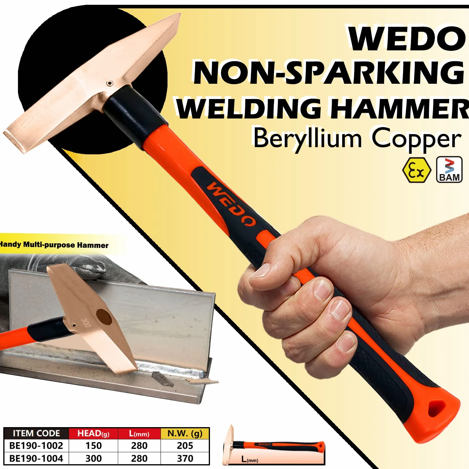 WEDO Sin Chispas Piqueta soldador profesional de 300g,Fibra de Vidrio,Largo 280mm,cobre berilio,antimagnético,Certificados Bam y FM,Certificación GS,Ideal para Quitar Sobrante de Soldadura