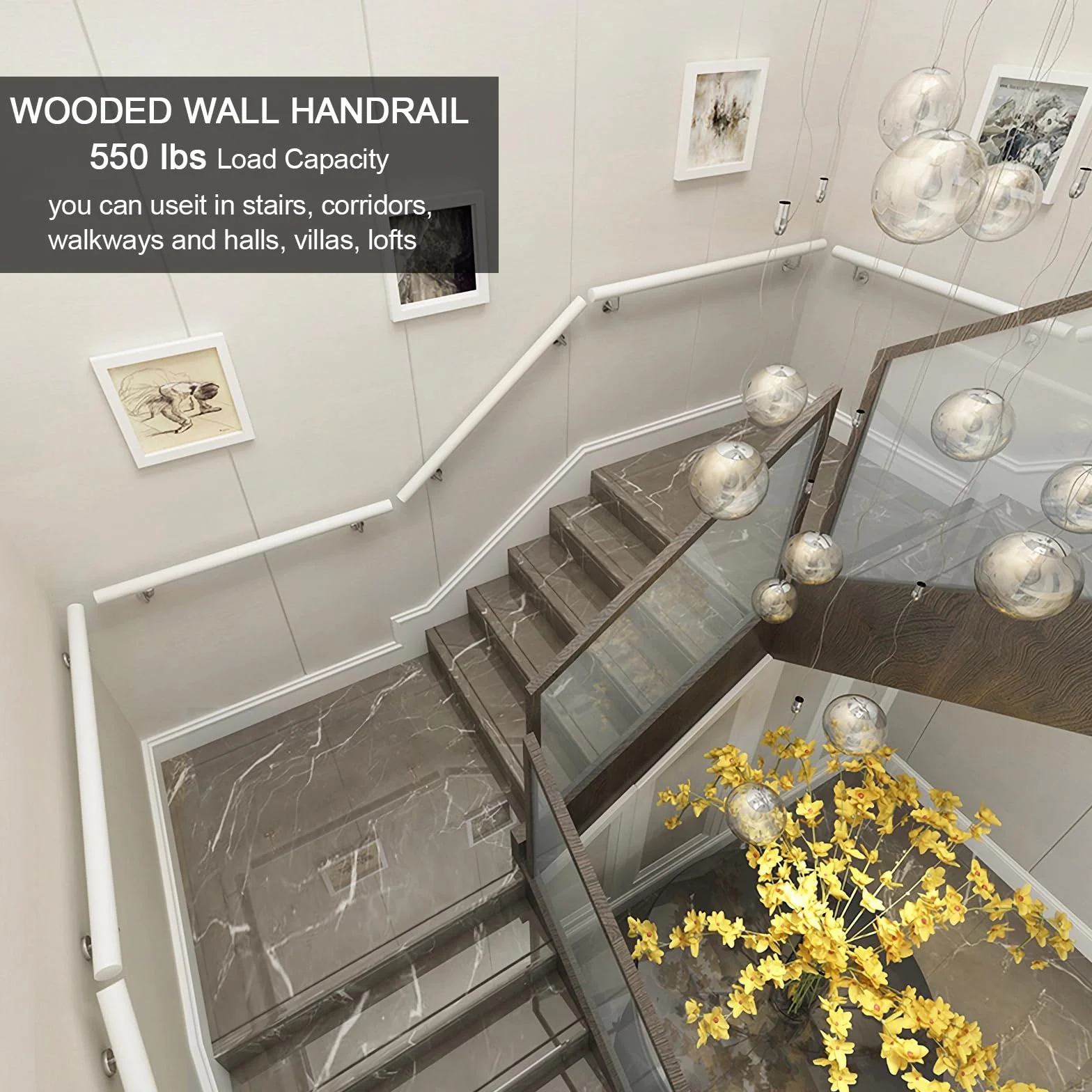 Pasamanos Escalera Madera, Barandilla de escalera antideslizante con soportes, Contra la Pared Kit de Barra de Agarre de Seguridad Para Ancianos y Niños, para Pasillo Villa Loft (Blanco, 250cm)