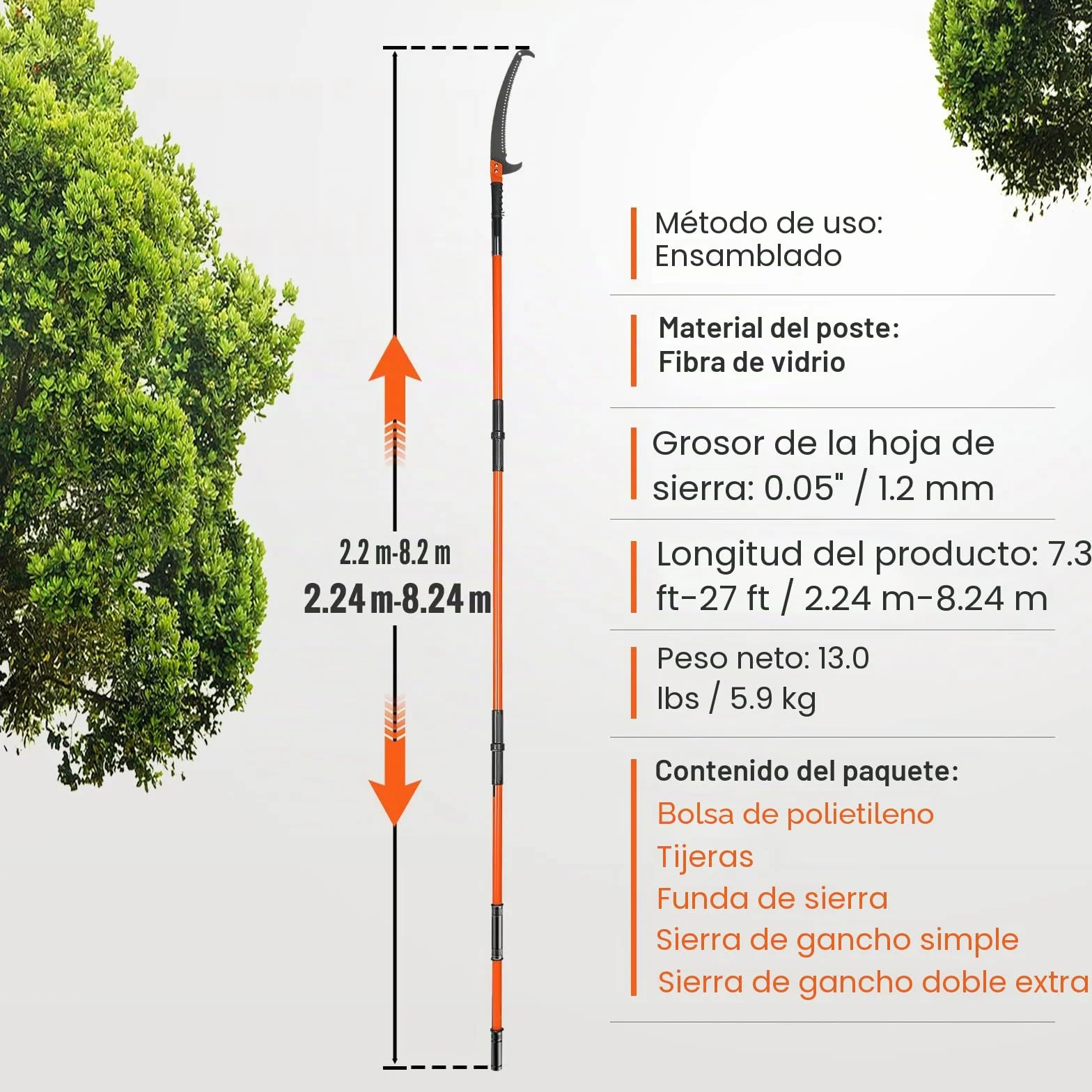 VEVOR Sierra de Poda Telescópica Sierra de Pértiga Extensible de 2,24-8,24m Sierra de Poda con Hoja de Acero Afilada con 8 Postes Tijeras de Fibra de Vidrio para Cortar Ramas Altas para Podar Palmeras
