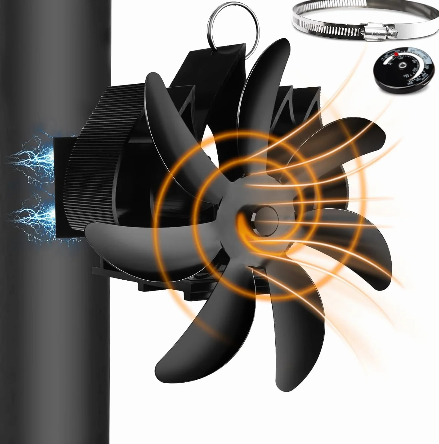 Ventilador Magnético para Estufa de Leña, Ventilador de Chimenea de 7 Aspas, Silencioso y de Bajo Consumo, ventilador de tubería con termómetro