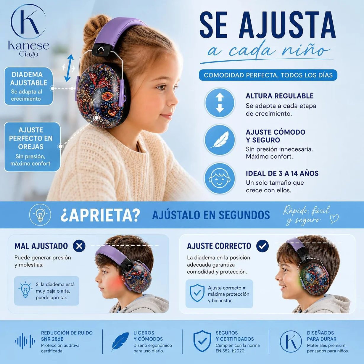Cascos Antirruido para Niños 3-14 Años SNR 28 dB Protectores Auditivos Plegables Ajustables